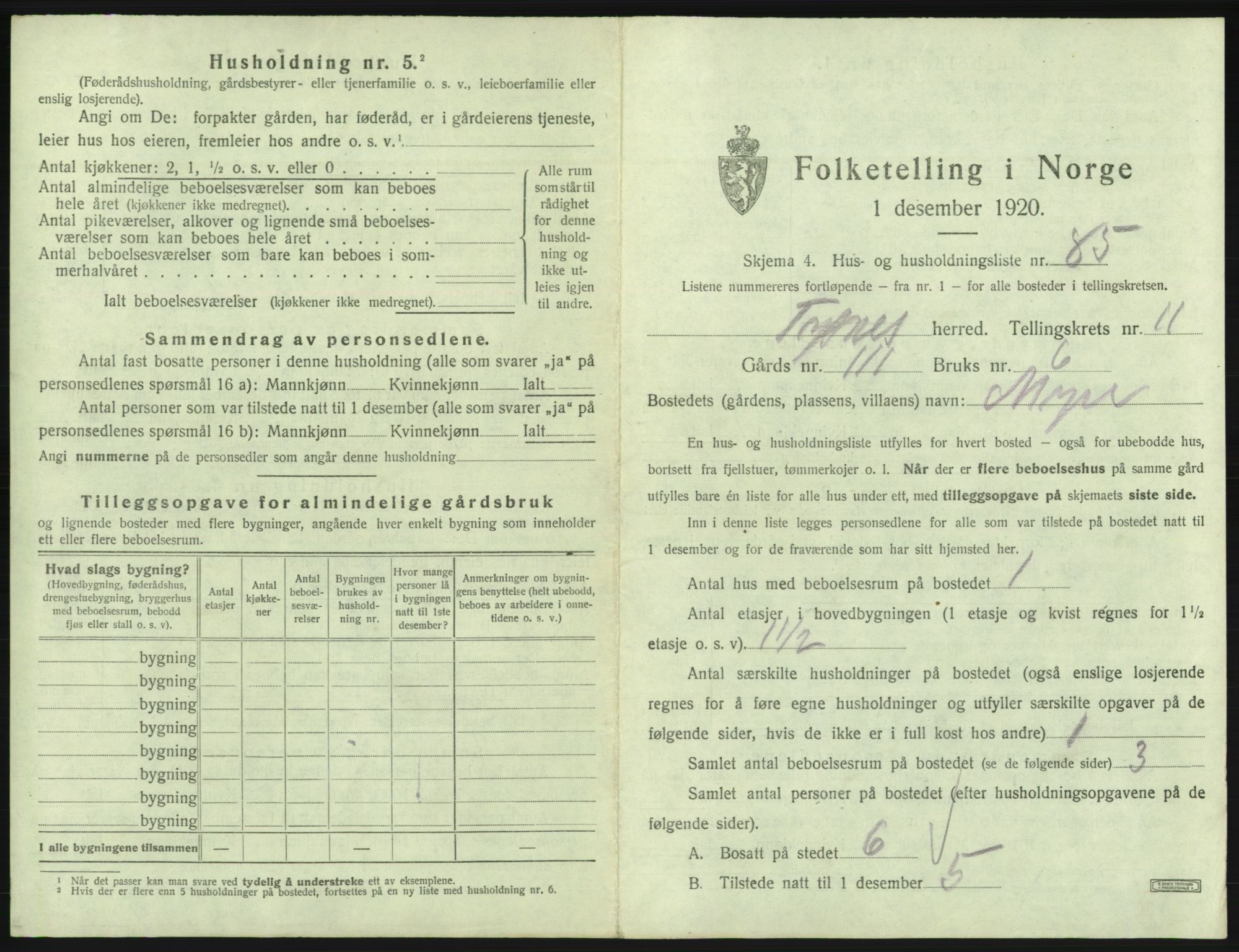 SAB, 1920 census for Tysnes, 1920, p. 1220