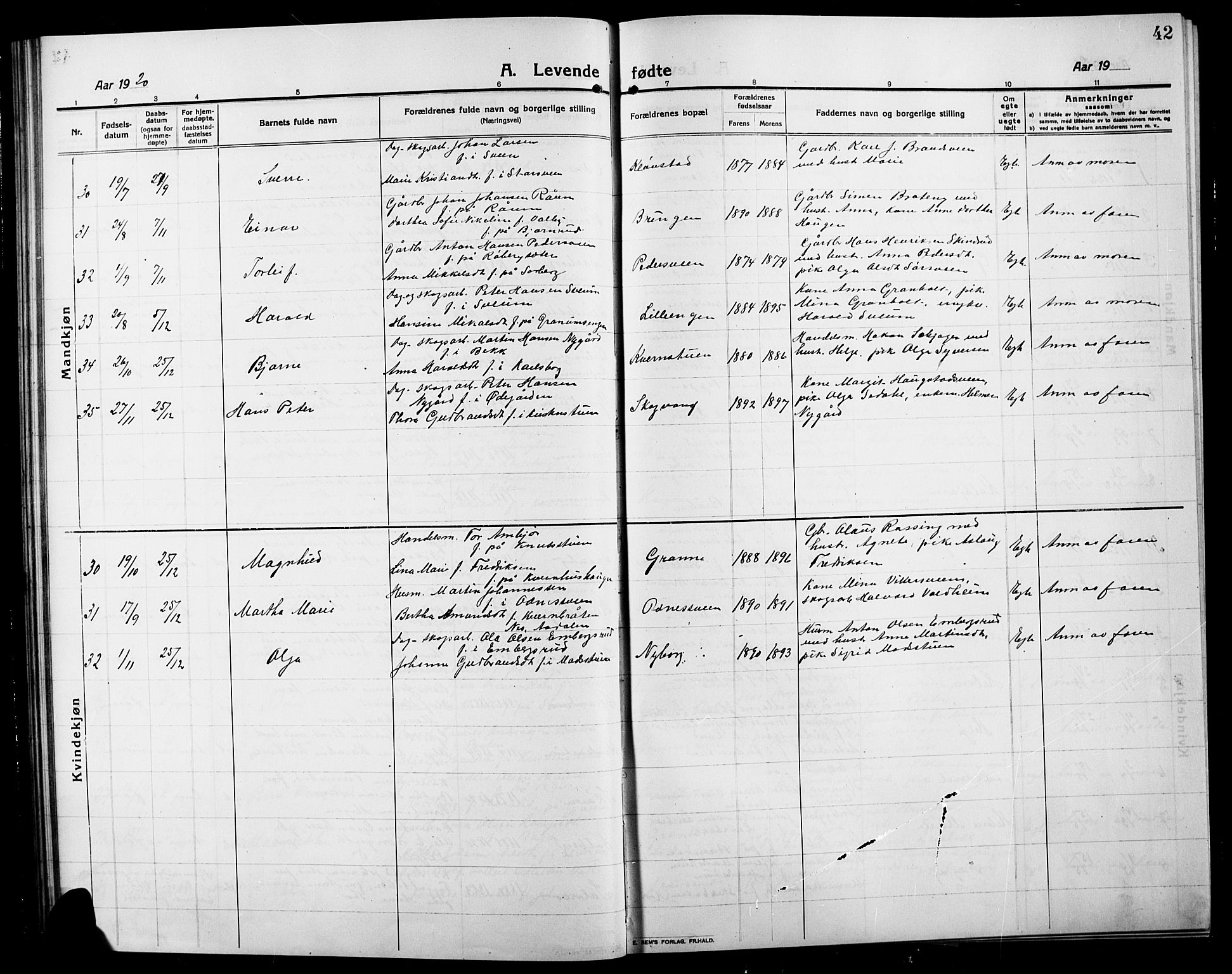 Søndre Land prestekontor, SAH/PREST-122/L/L0006: Parish register (copy) no. 6, 1912-1925, p. 42