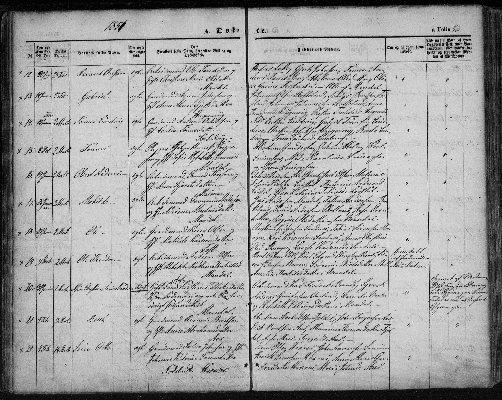 Mandal sokneprestkontor, AV/SAK-1111-0030/F/Fa/Faa/L0013: Parish register (official) no. A 13, 1847-1859, p. 52