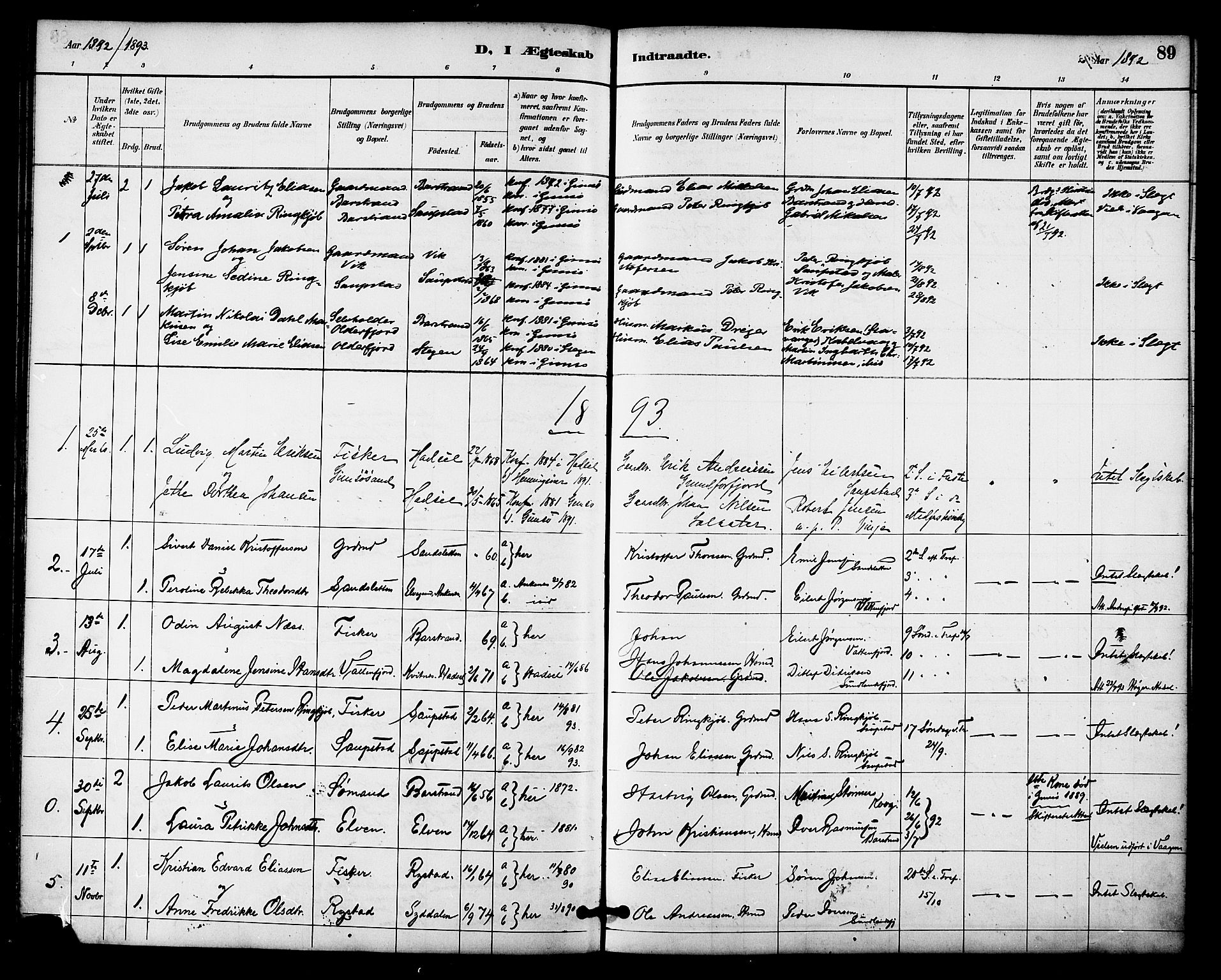 Ministerialprotokoller, klokkerbøker og fødselsregistre - Nordland, AV/SAT-A-1459/876/L1097: Parish register (official) no. 876A03, 1886-1896, p. 89