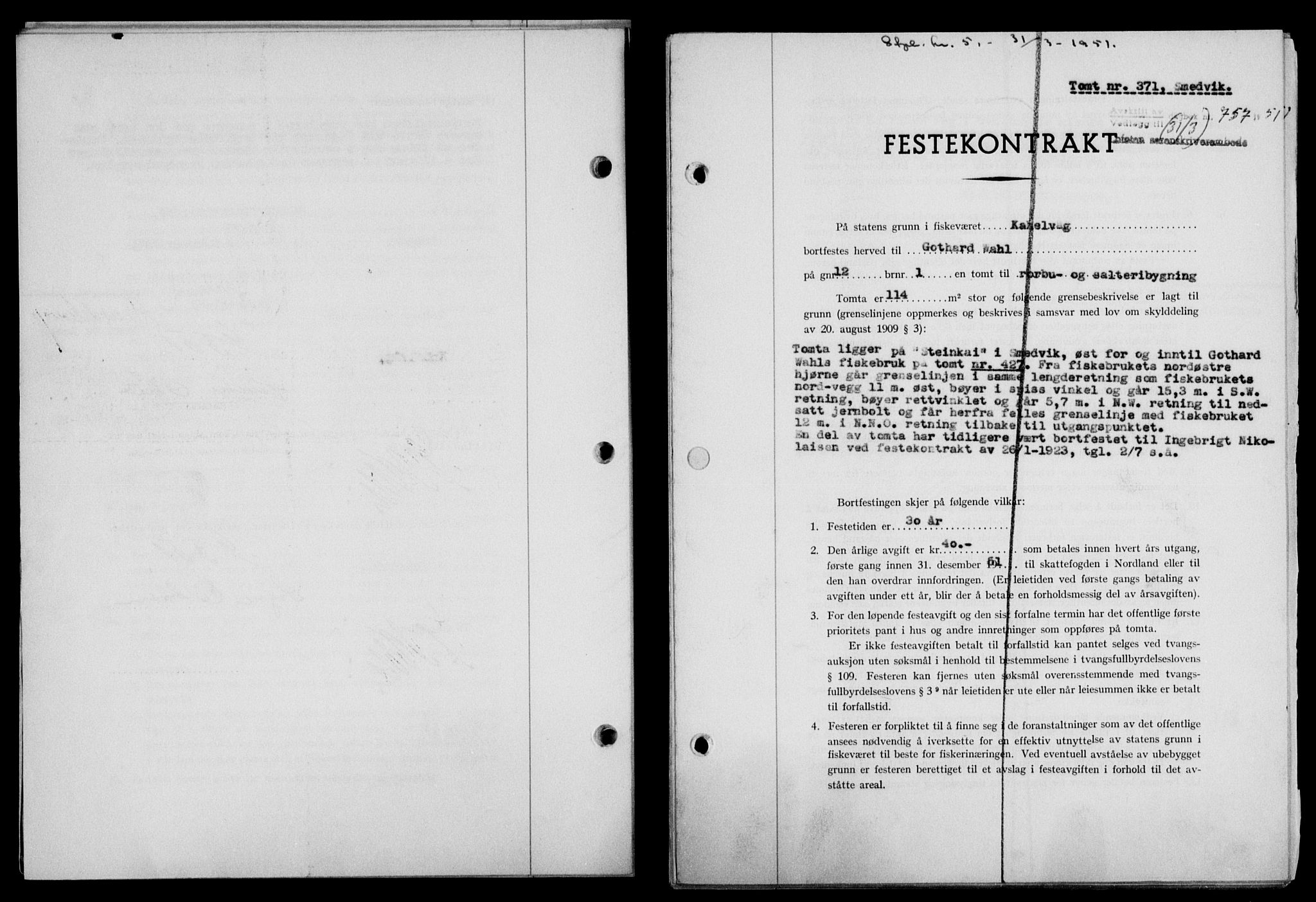 Lofoten sorenskriveri, SAT/A-0017/1/2/2C/L0025a: Mortgage book no. 25a, 1950-1951, Diary no: : 757/1951