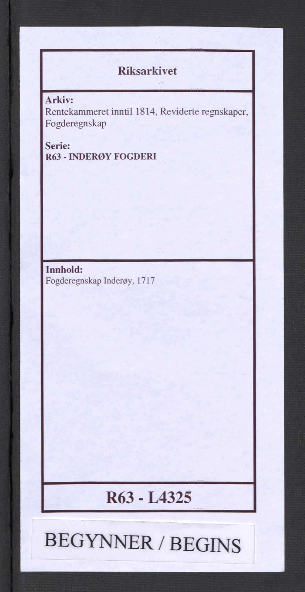 Rentekammeret inntil 1814, Reviderte regnskaper, Fogderegnskap, AV/RA-EA-4092/R63/L4325: Fogderegnskap Inderøy, 1717, p. 1