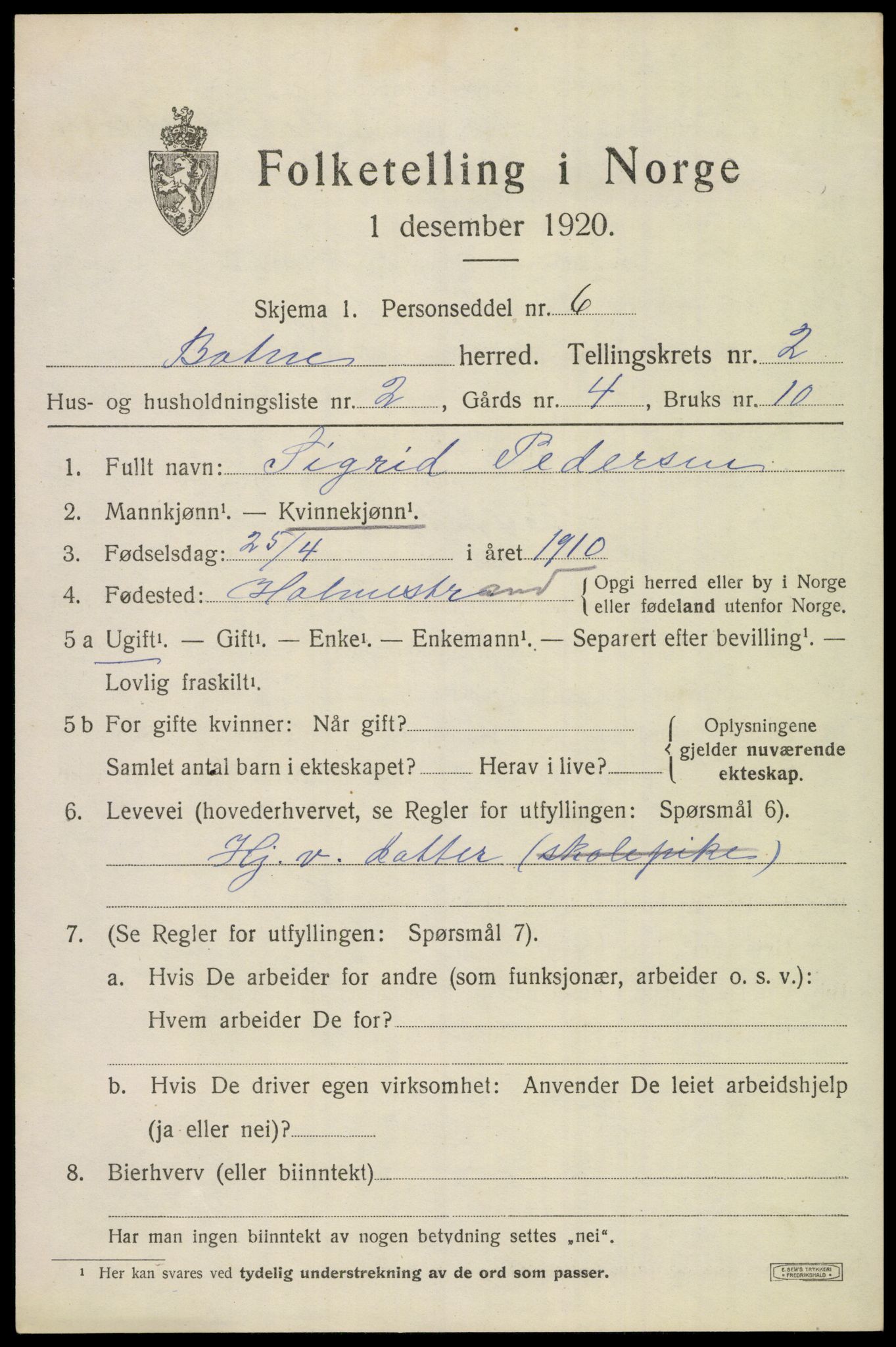 SAKO, 1920 census for Botne, 1920, p. 2149