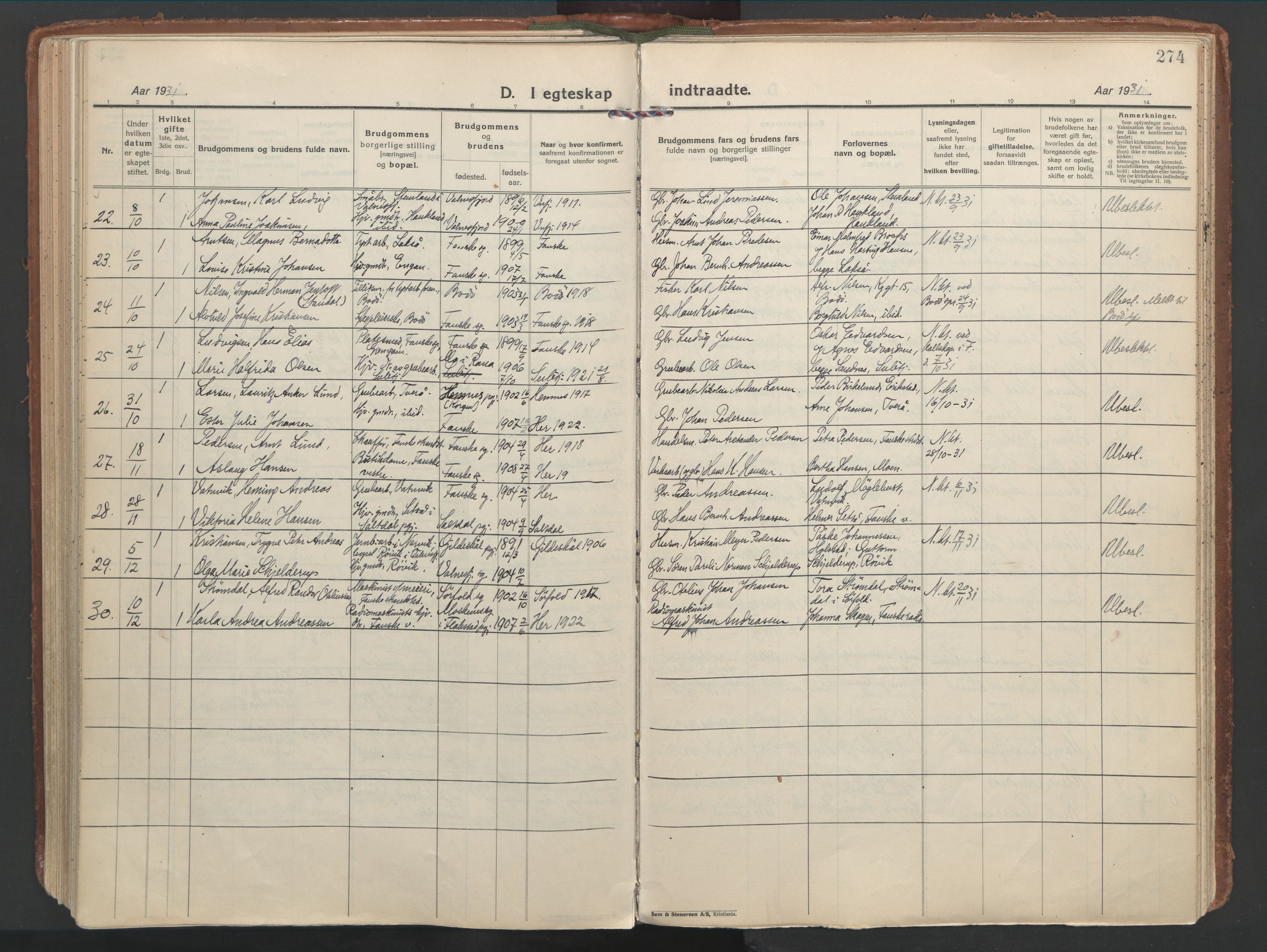 Ministerialprotokoller, klokkerbøker og fødselsregistre - Nordland, SAT/A-1459/849/L0699: Parish register (official) no. 849A10, 1924-1937, p. 274