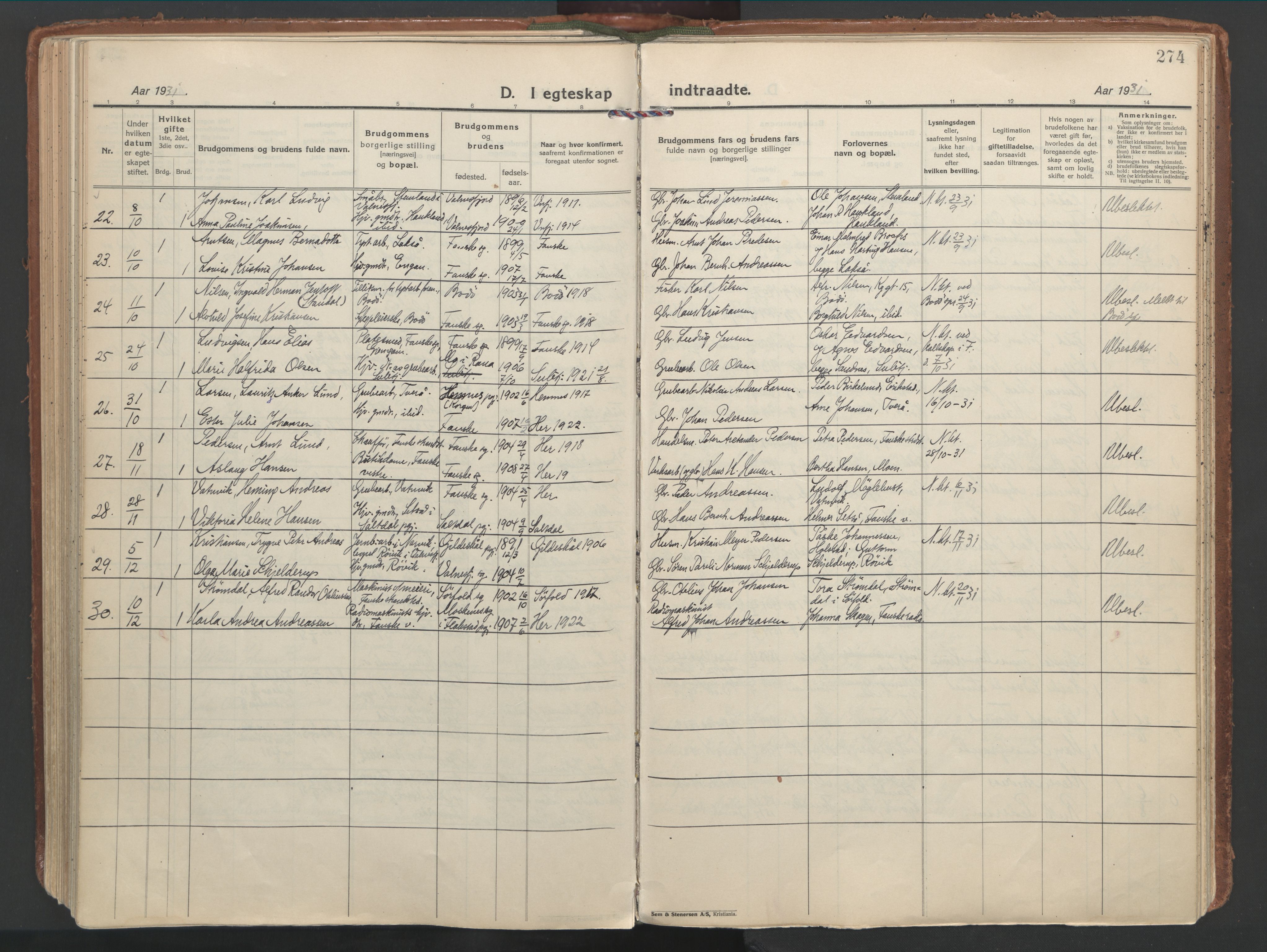 Ministerialprotokoller, klokkerbøker og fødselsregistre - Nordland, AV/SAT-A-1459/849/L0699: Parish register (official) no. 849A10, 1924-1937, p. 274