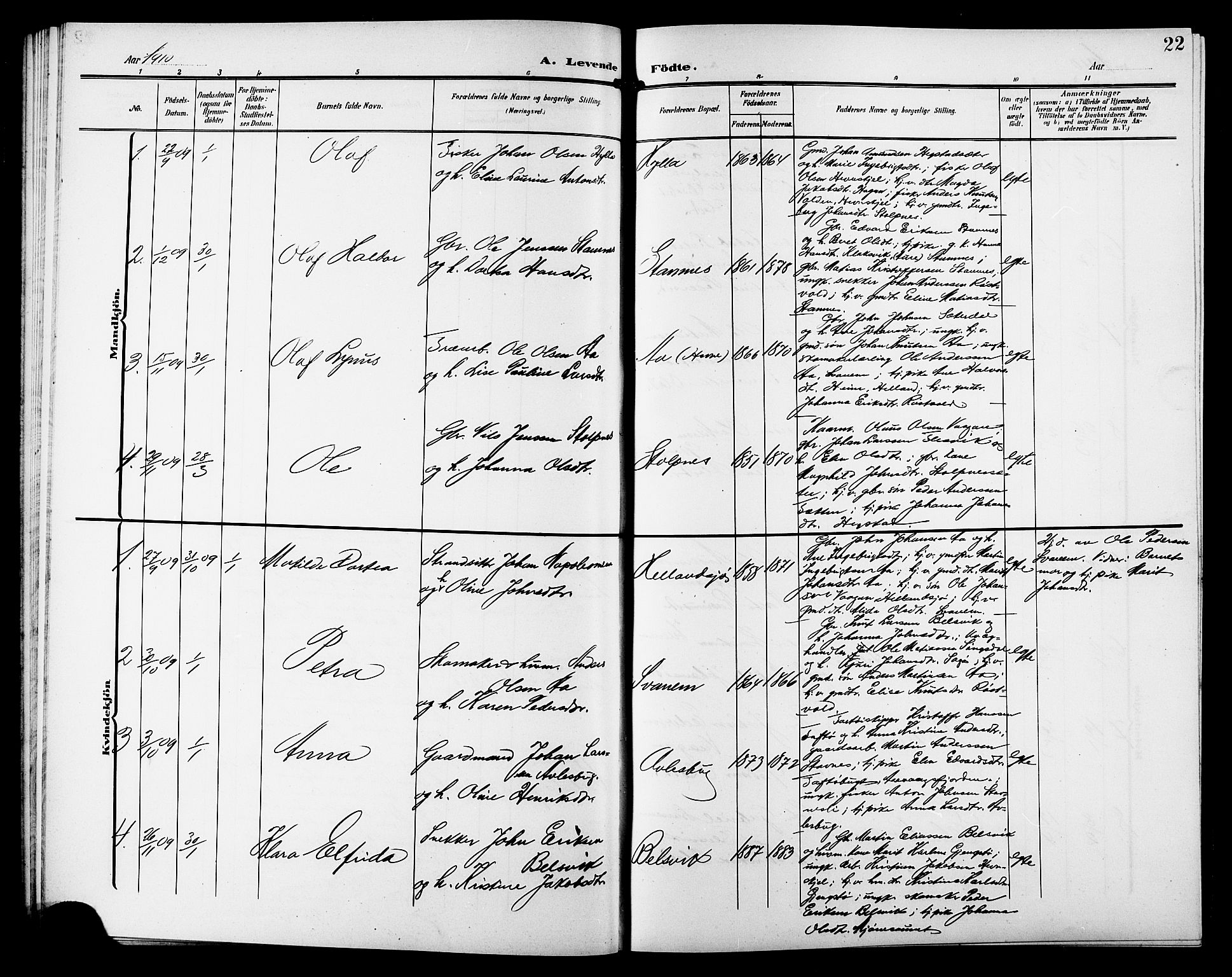 Ministerialprotokoller, klokkerbøker og fødselsregistre - Sør-Trøndelag, AV/SAT-A-1456/633/L0520: Parish register (copy) no. 633C02, 1906-1921, p. 22