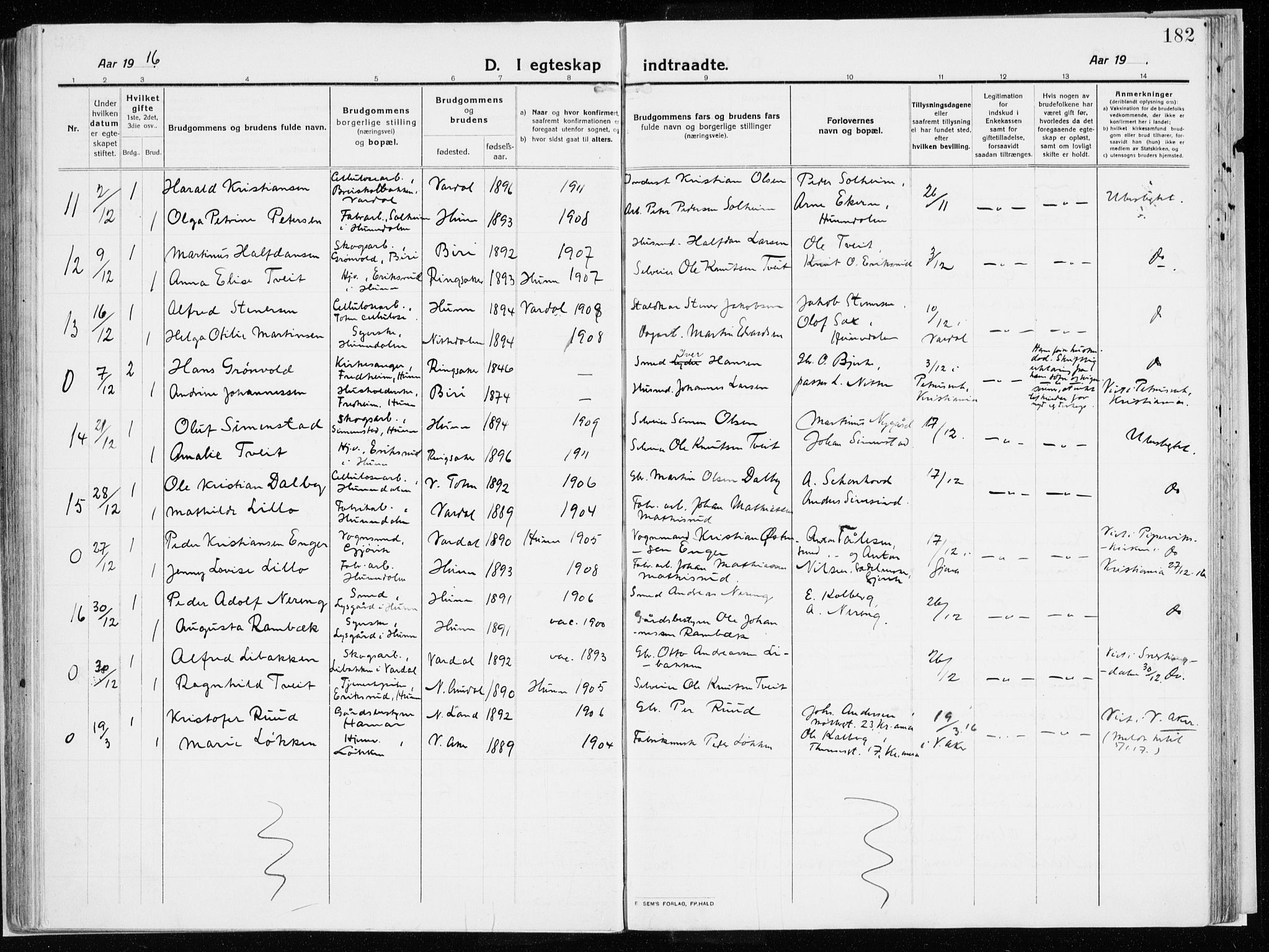 Vardal prestekontor, SAH/PREST-100/H/Ha/Haa/L0017: Parish register (official) no. 17, 1915-1929, p. 182