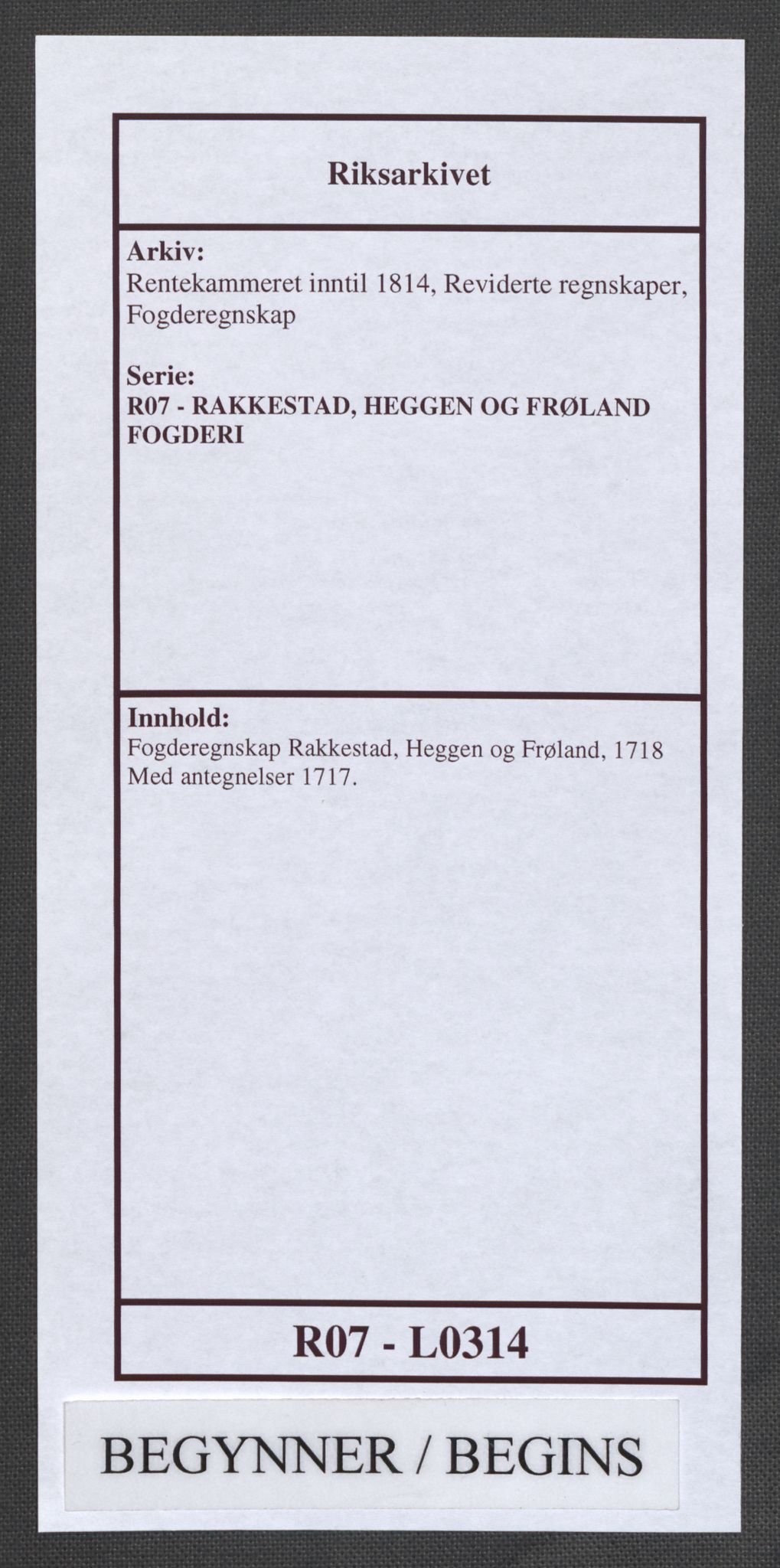 Rentekammeret inntil 1814, Reviderte regnskaper, Fogderegnskap, AV/RA-EA-4092/R07/L0314: Fogderegnskap Rakkestad, Heggen og Frøland, 1718, p. 1