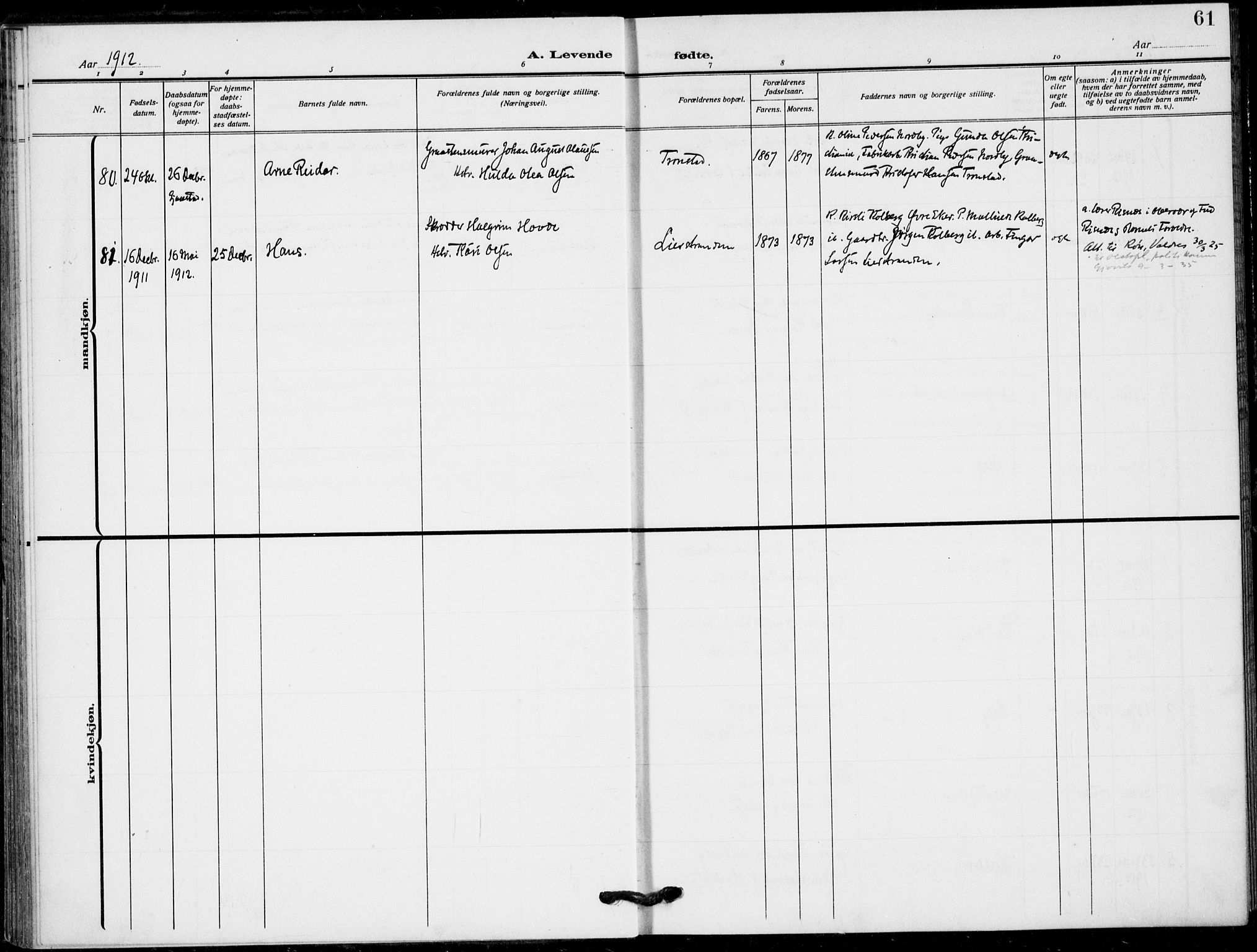 Lier kirkebøker, SAKO/A-230/F/Fa/L0018: Parish register (official) no. I 18, 1909-1917, p. 61