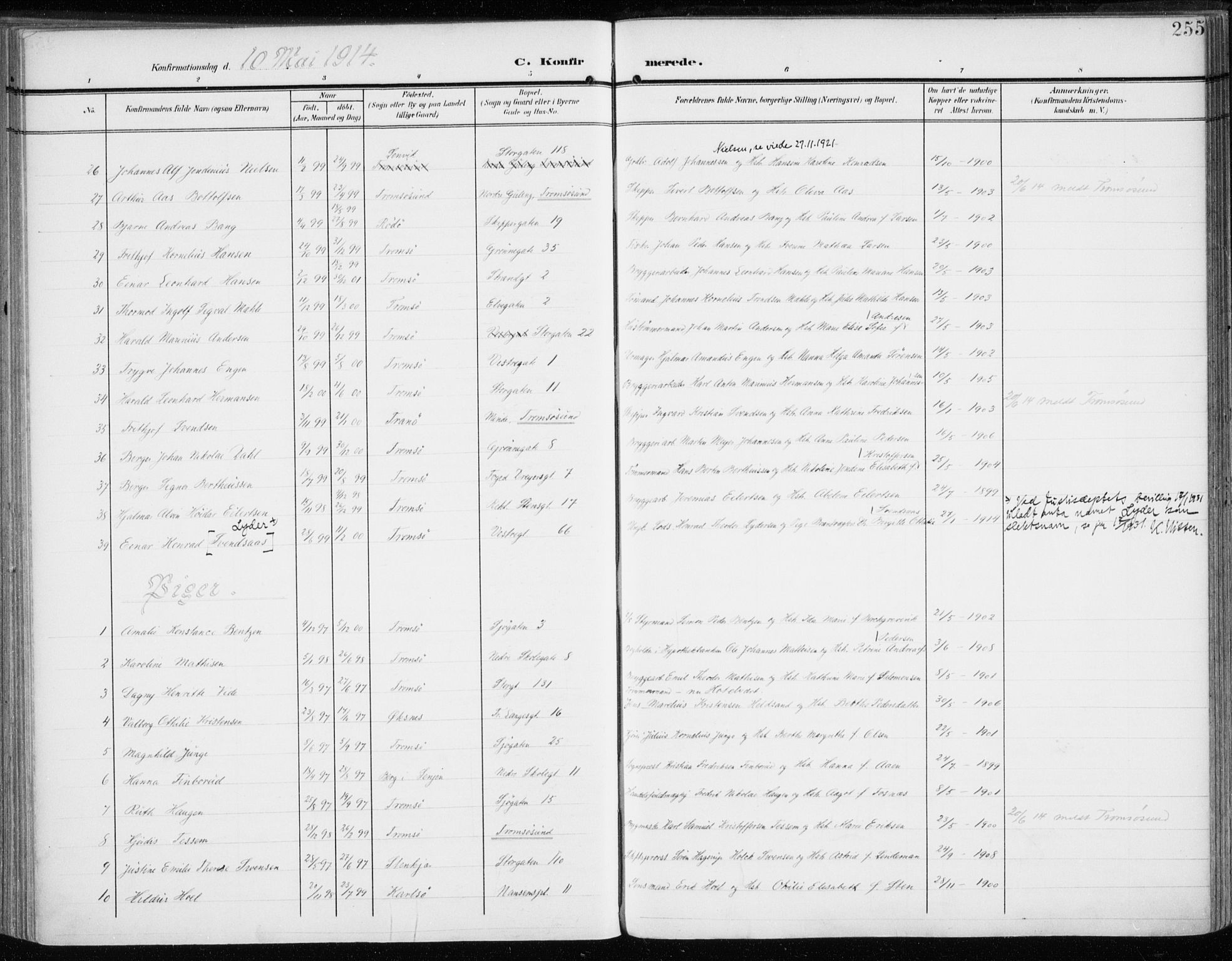 Tromsø sokneprestkontor/stiftsprosti/domprosti, AV/SATØ-S-1343/G/Ga/L0017kirke: Parish register (official) no. 17, 1907-1917, p. 255