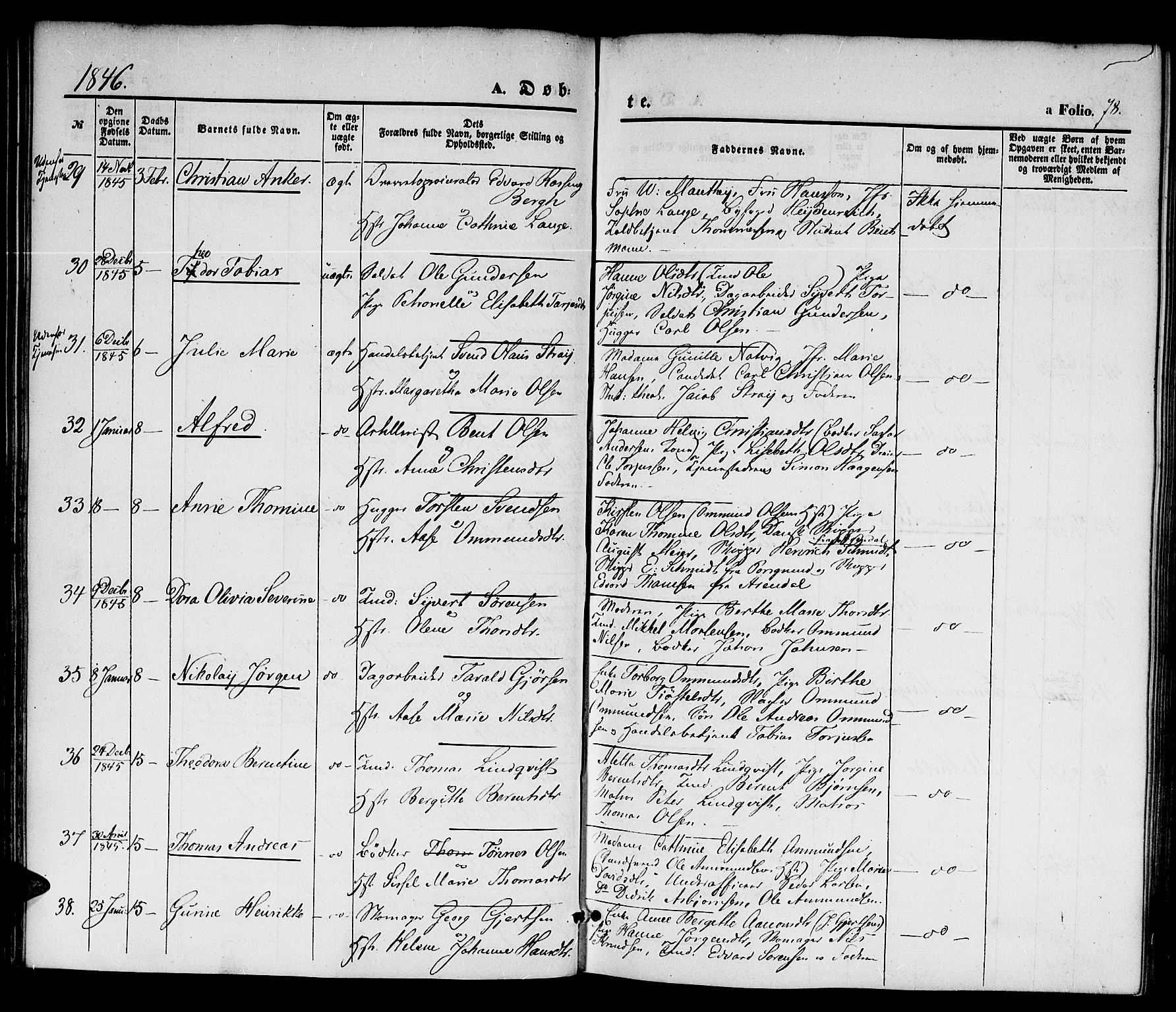 Kristiansand domprosti, AV/SAK-1112-0006/F/Fb/L0010: Parish register (copy) no. B 10, 1843-1850, p. 78