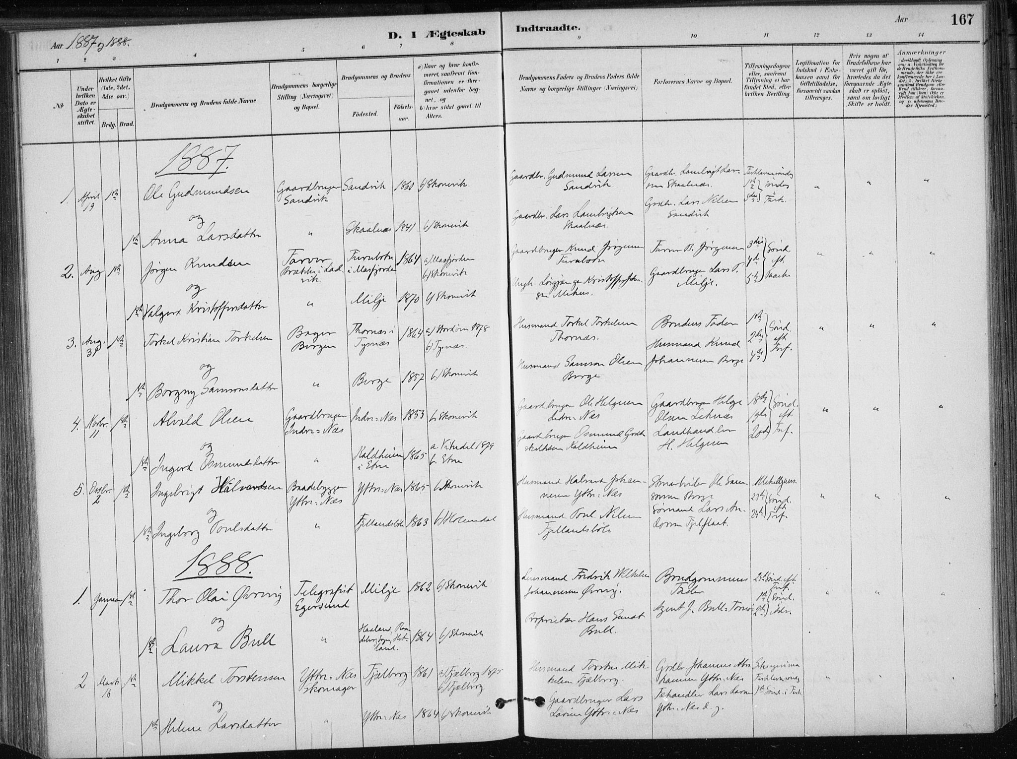 Skånevik sokneprestembete, AV/SAB-A-77801/H/Haa: Parish register (official) no. B 1, 1879-1914, p. 167