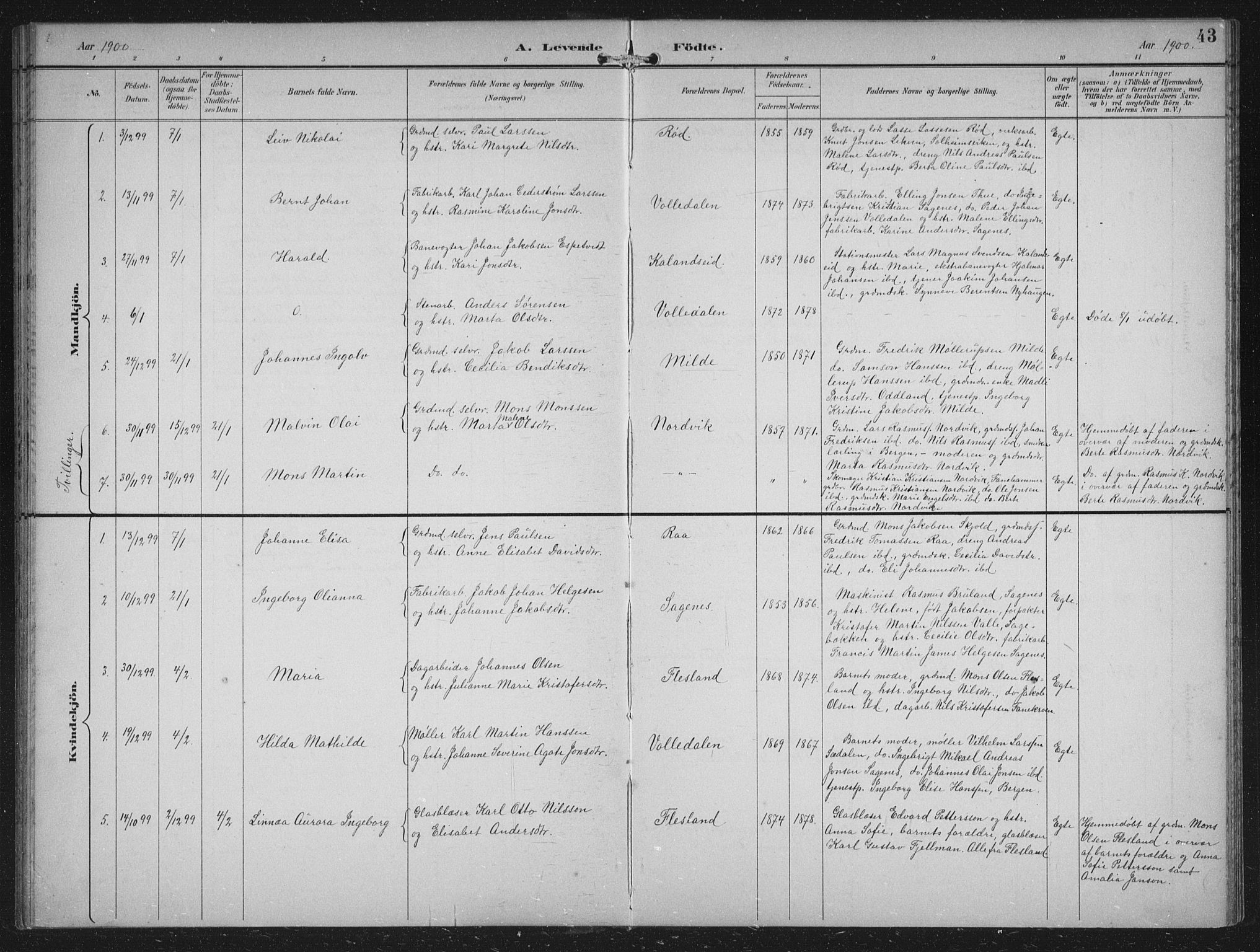 Fana Sokneprestembete, SAB/A-75101/H/Hab/Haba/L0003: Parish register (copy) no. A 3, 1895-1902, p. 43