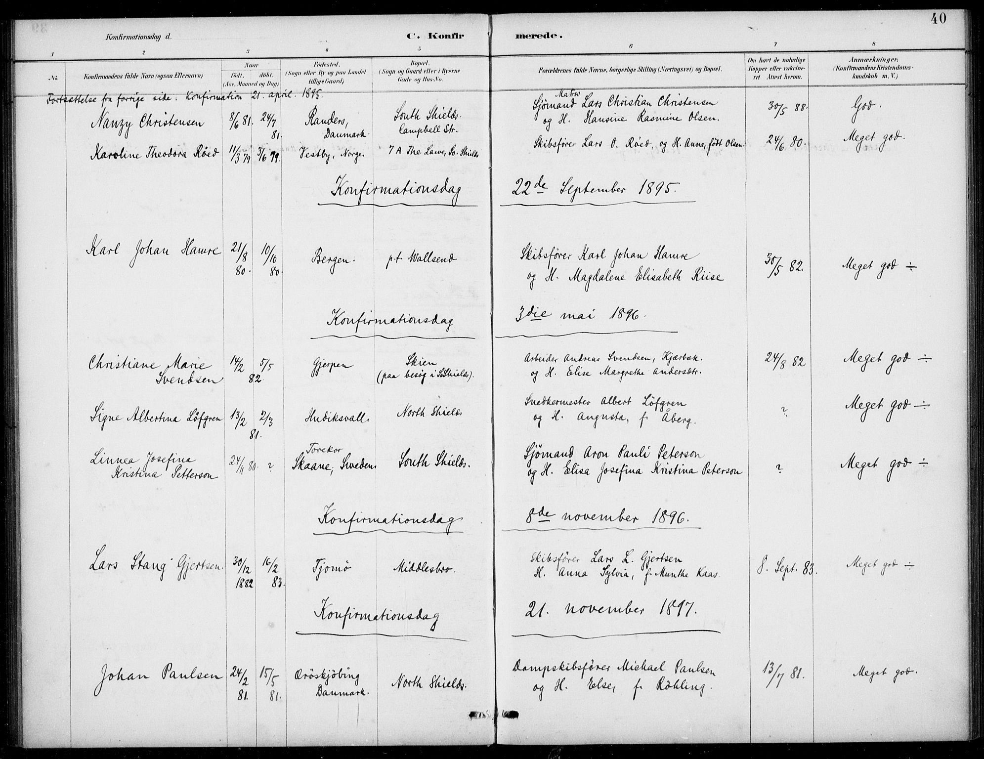 Den norske sjømannsmisjon i utlandet/Tyne-havnene (North Shields og New Castle), SAB/SAB/PA-0101/H/Ha/L0002: Parish register (official) no. A 2, 1883-1938, p. 40