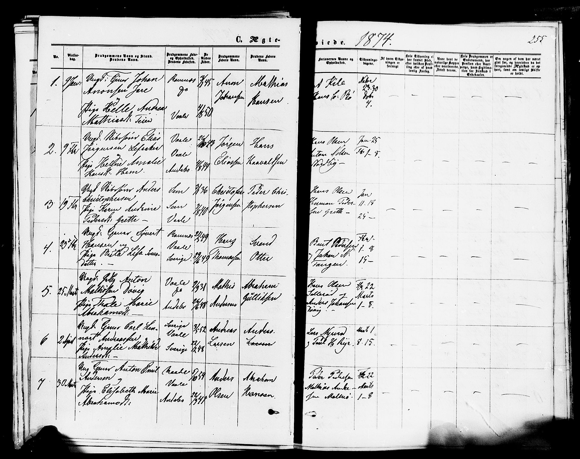 Våle kirkebøker, SAKO/A-334/F/Fa/L0010: Parish register (official) no. I 10, 1861-1877, p. 255