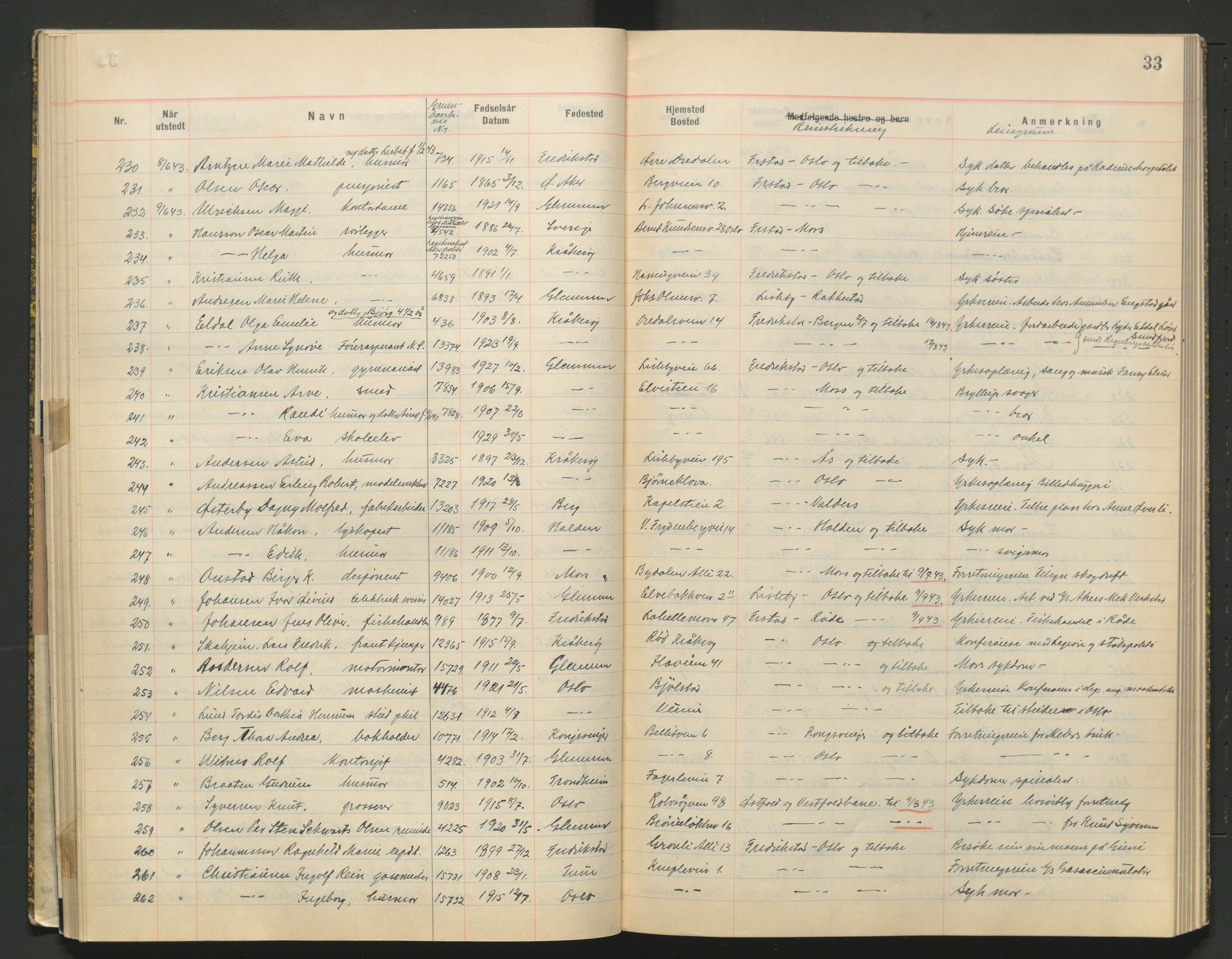 Glemmen lensmannskontor, AV/SAO-A-10123/I/Ic/Ica/L0002: Protokoll over utstedte nordiske reisekort (1939-1940) og utstedte reisetillatelser med jernbanen (1943), 1939-1943, p. 33