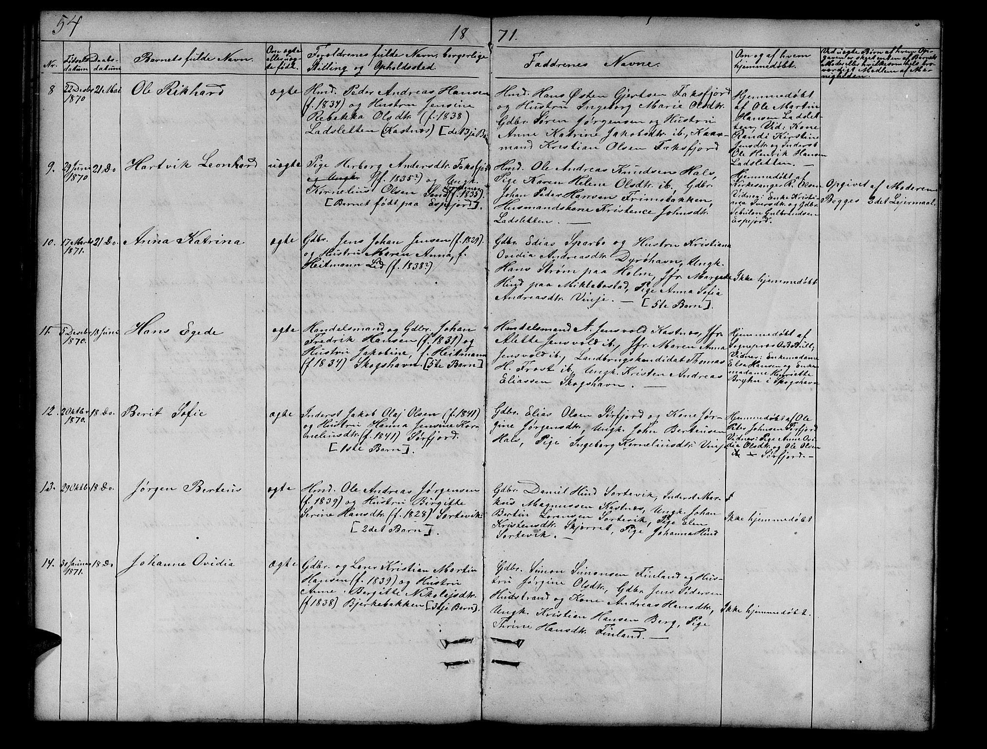 Tranøy sokneprestkontor, AV/SATØ-S-1313/I/Ia/Iab/L0012klokker: Parish register (copy) no. 12, 1859-1874, p. 54