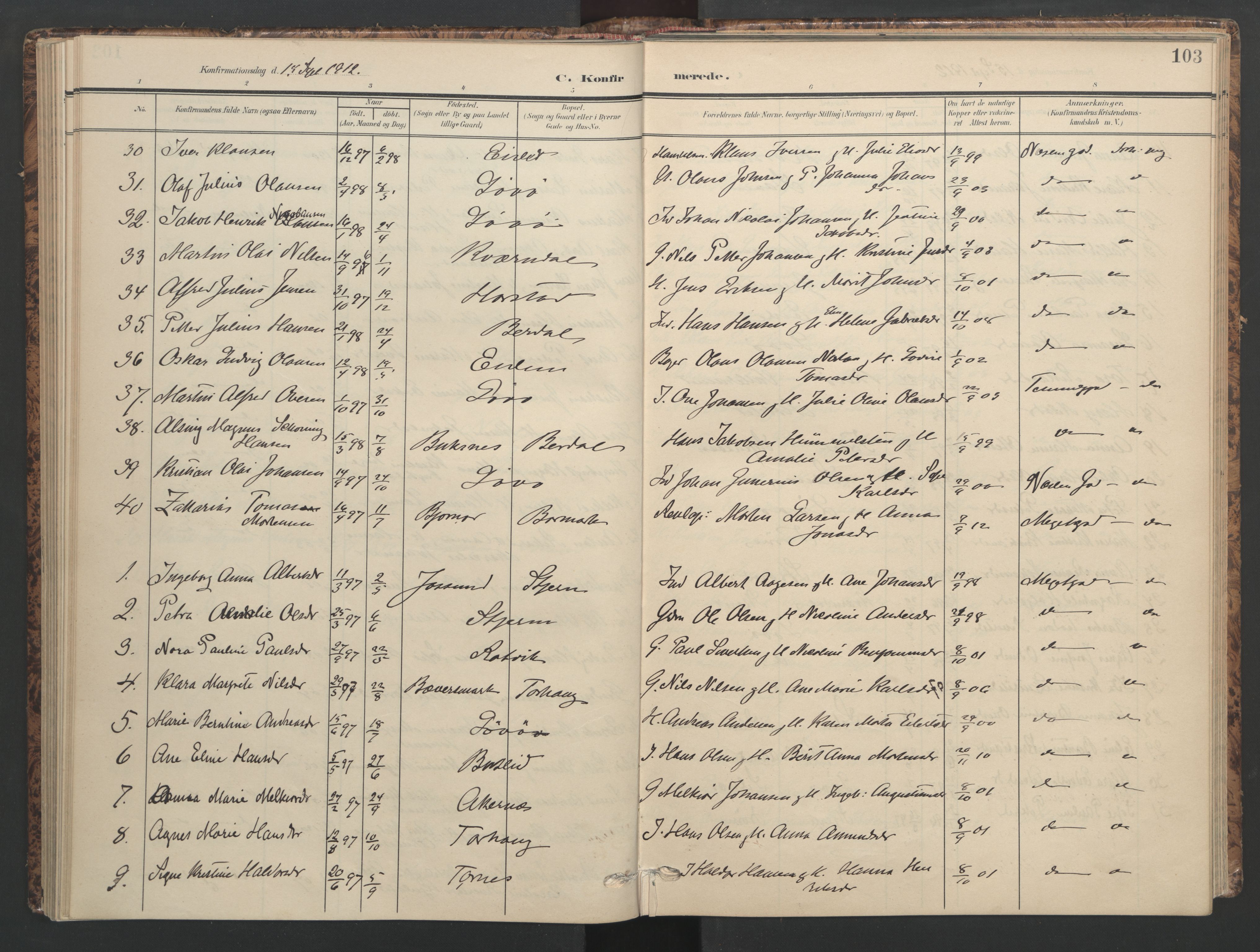 Ministerialprotokoller, klokkerbøker og fødselsregistre - Sør-Trøndelag, AV/SAT-A-1456/655/L0682: Parish register (official) no. 655A11, 1908-1922, p. 103