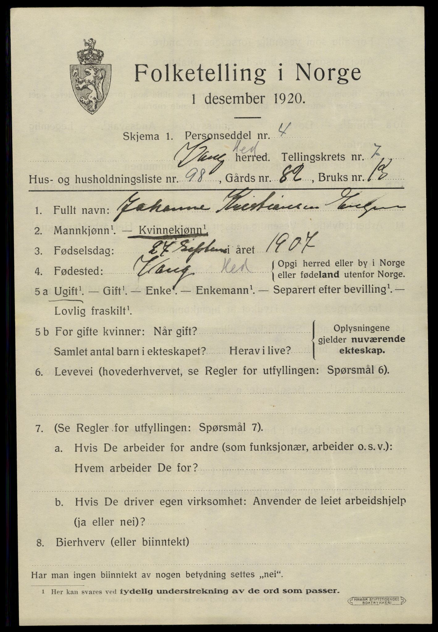 SAH, 1920 census for Vang (Hedmark), 1920, p. 17009