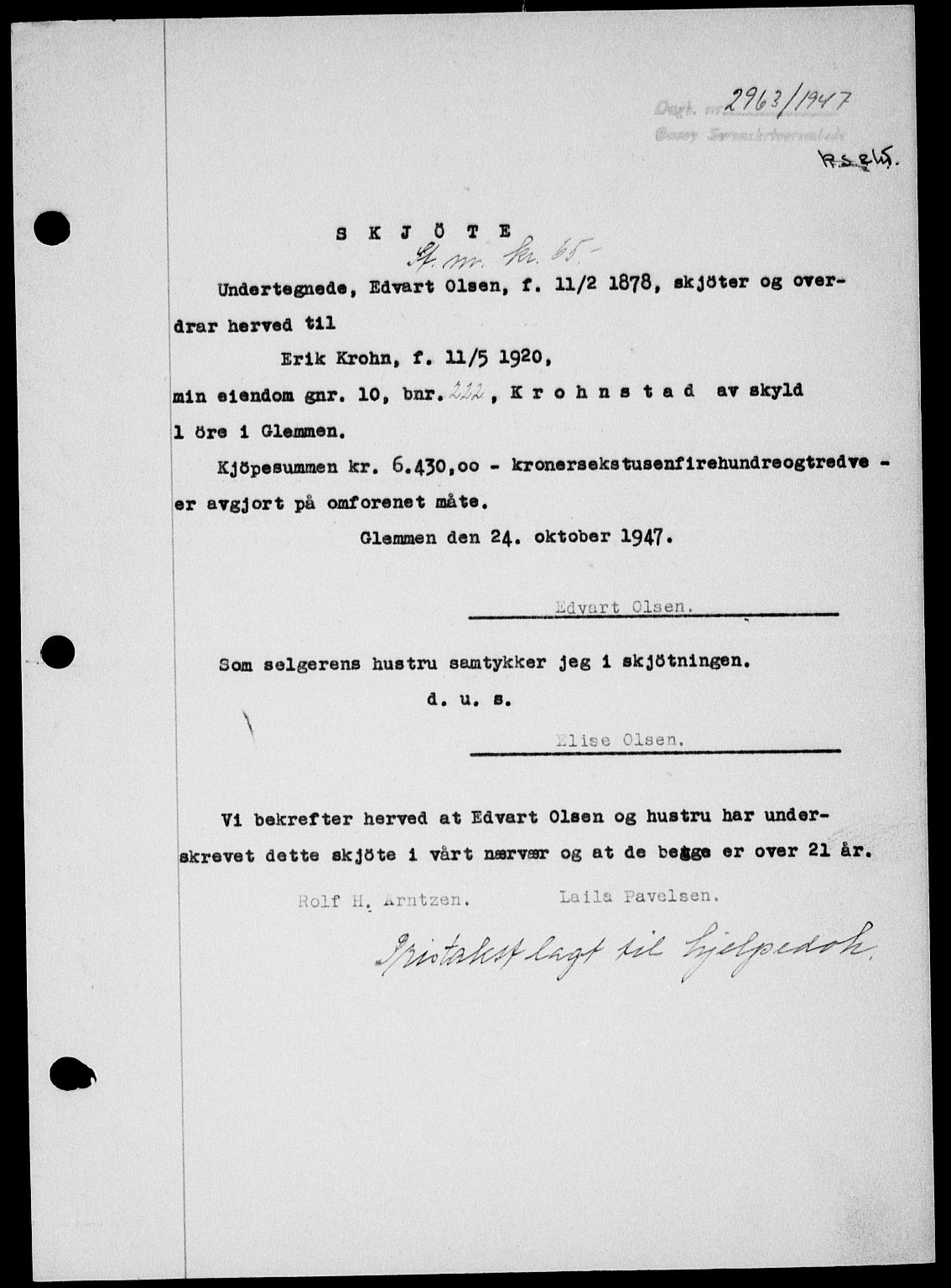 Onsøy sorenskriveri, SAO/A-10474/G/Ga/Gab/L0021: Mortgage book no. II A-21, 1947-1947, Diary no: : 2963/1947