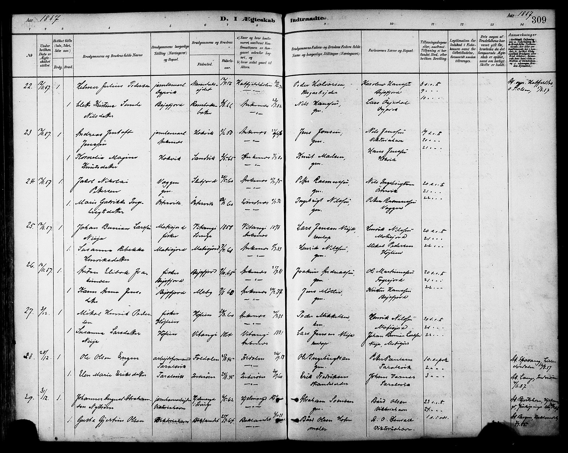 Ministerialprotokoller, klokkerbøker og fødselsregistre - Nordland, AV/SAT-A-1459/866/L0938: Parish register (official) no. 866A01, 1879-1893, p. 309