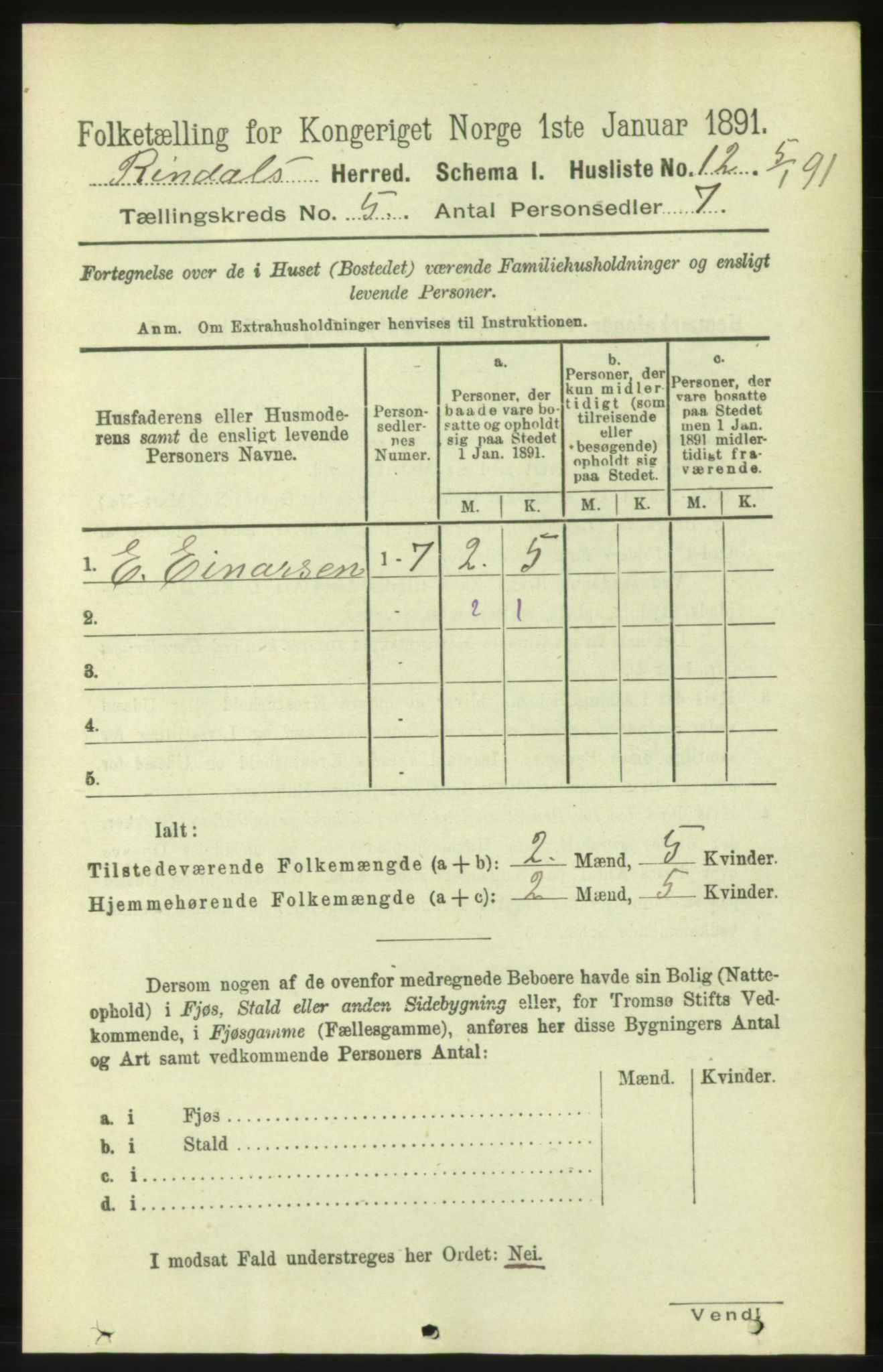 RA, 1891 census for 1567 Rindal, 1891, p. 1575