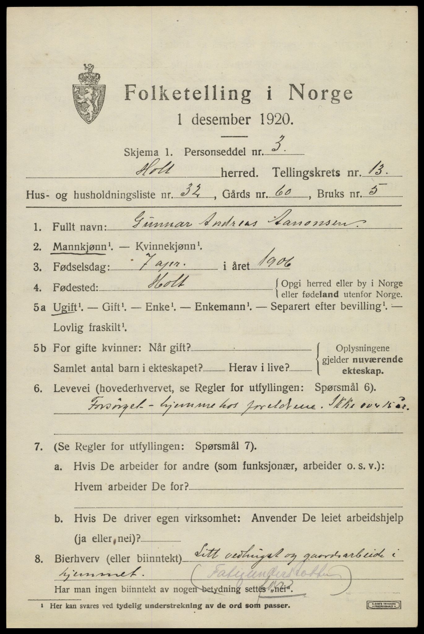 SAK, 1920 census for Holt, 1920, p. 7968