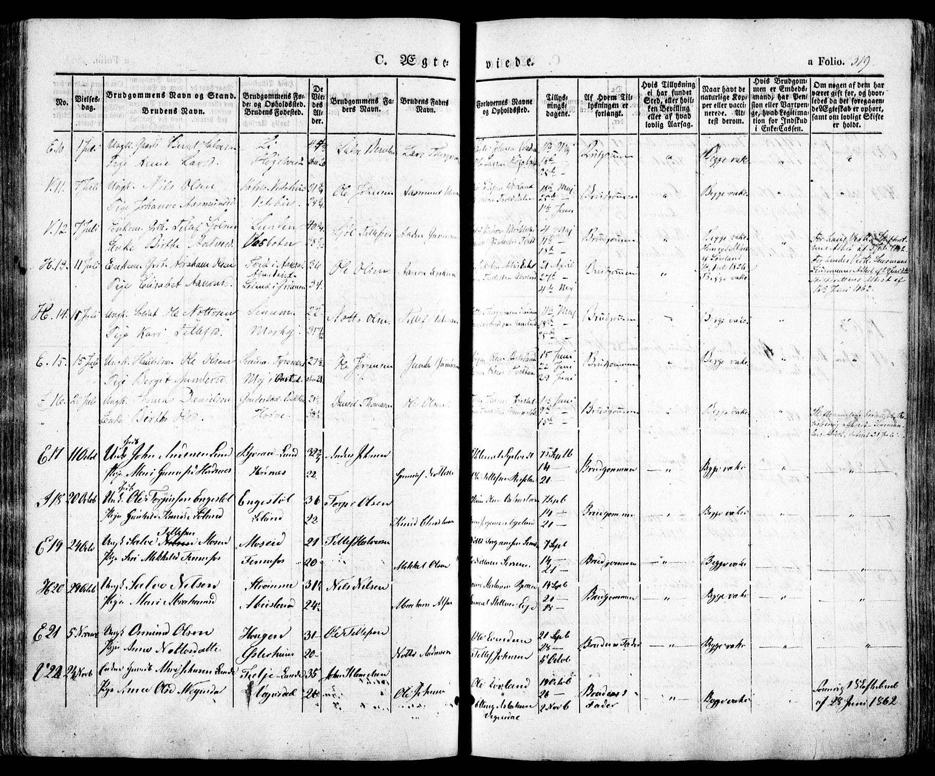 Evje sokneprestkontor, AV/SAK-1111-0008/F/Fa/Faa/L0005: Parish register (official) no. A 5, 1843-1865, p. 319