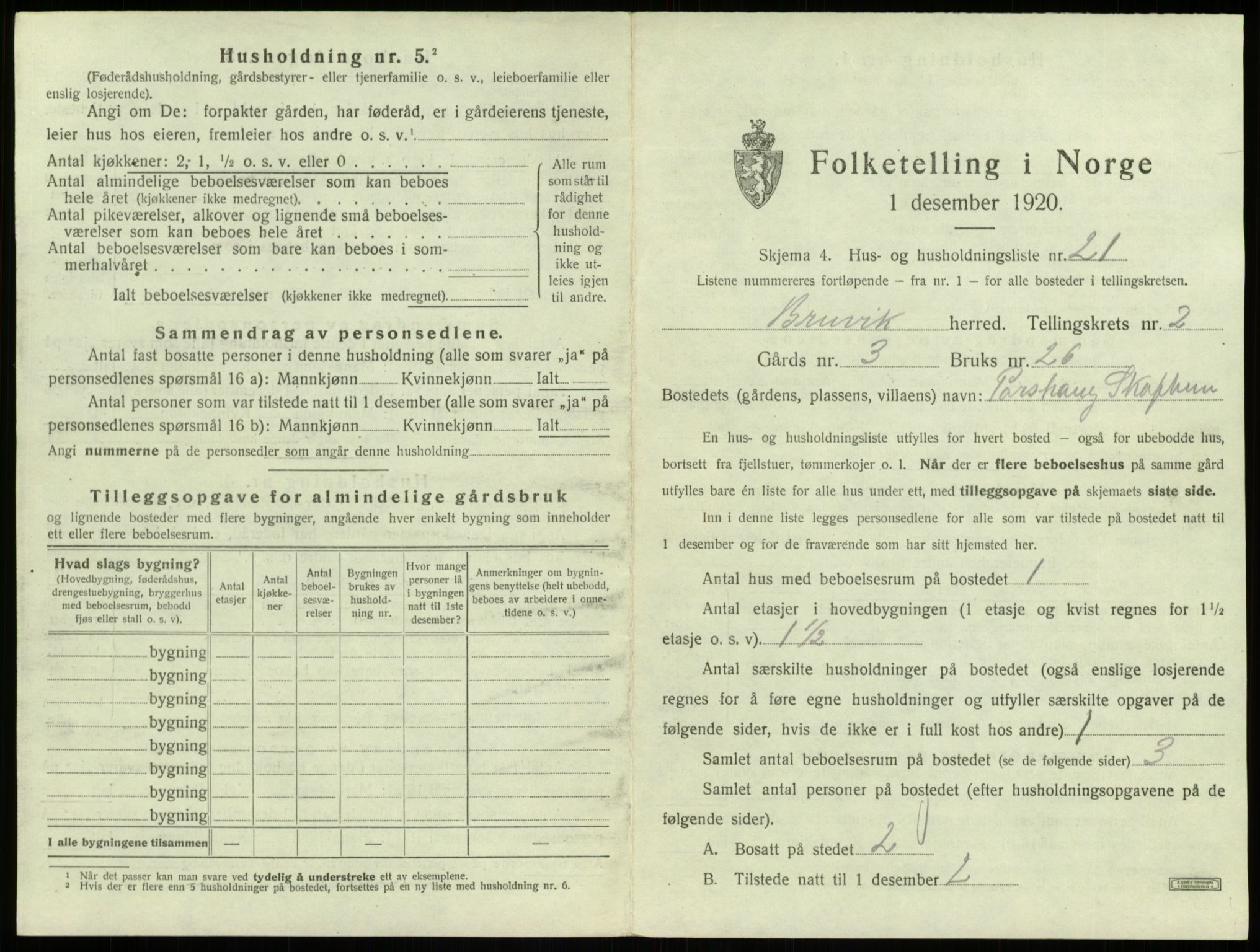 SAB, 1920 census for Bruvik, 1920, p. 138