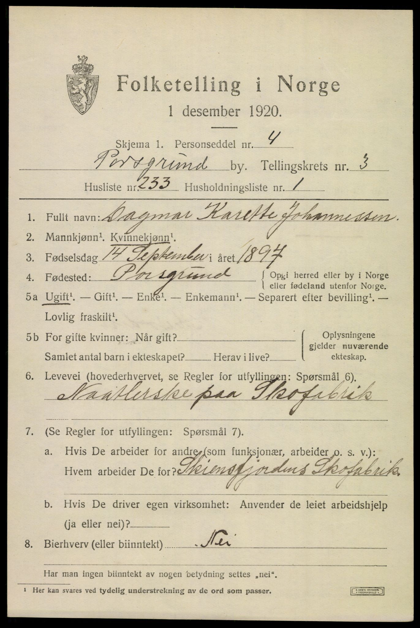 SAKO, 1920 census for Porsgrunn, 1920, p. 17381
