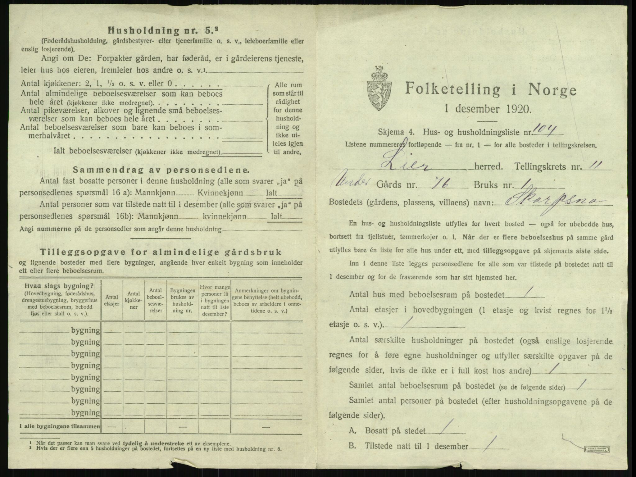 SAKO, 1920 census for Lier, 1920, p. 2019