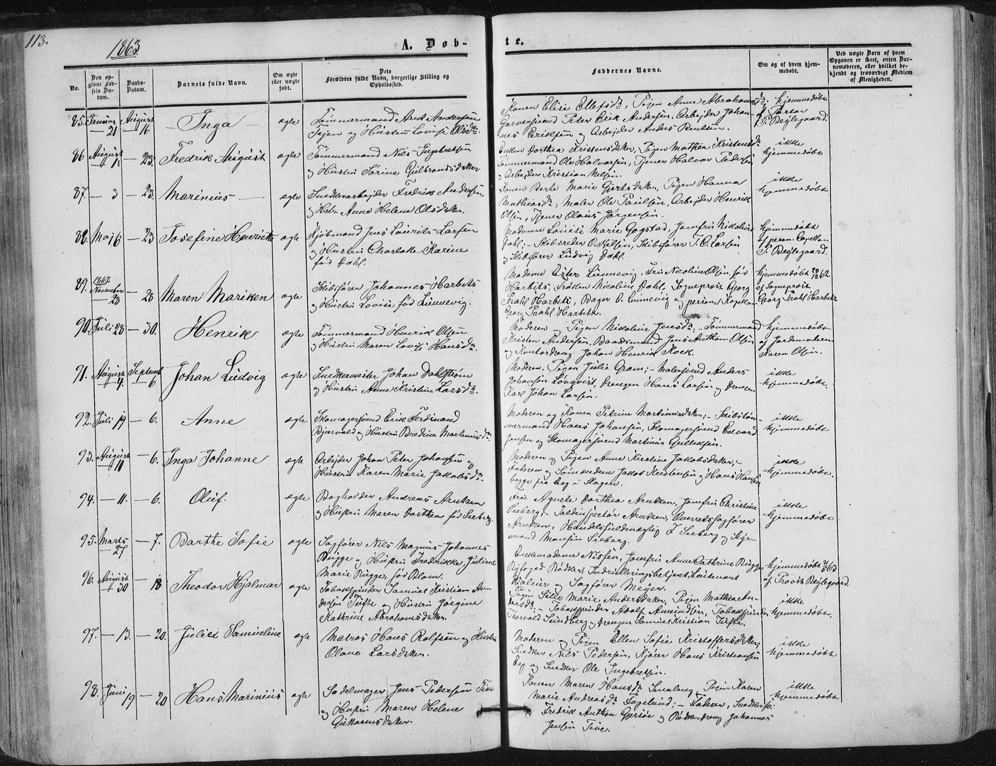 Tønsberg kirkebøker, AV/SAKO-A-330/F/Fa/L0008: Parish register (official) no. I 8, 1855-1864, p. 113