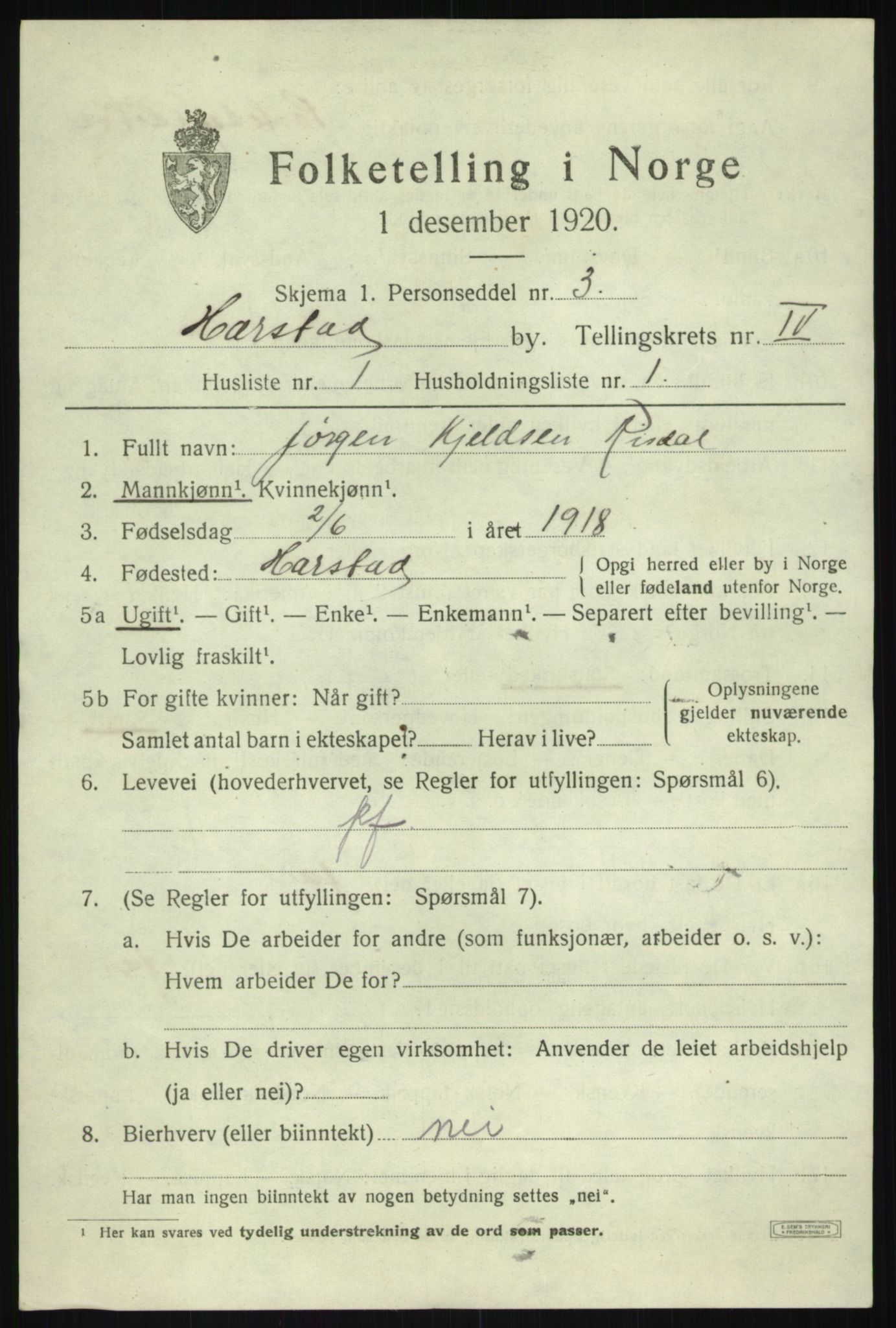 SATØ, 1920 census for Harstad, 1920, p. 5158