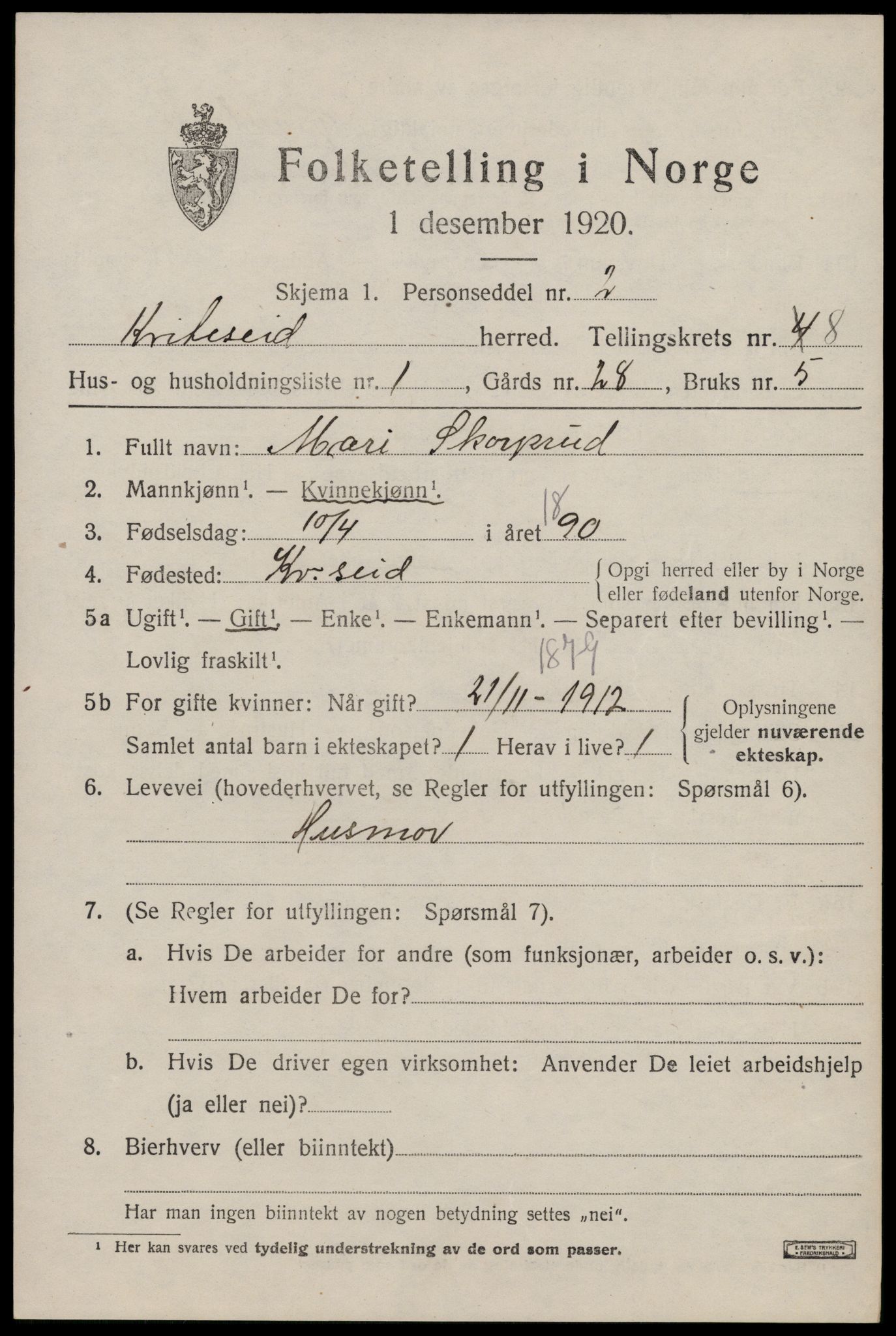 SAKO, 1920 census for Kviteseid, 1920, p. 3741