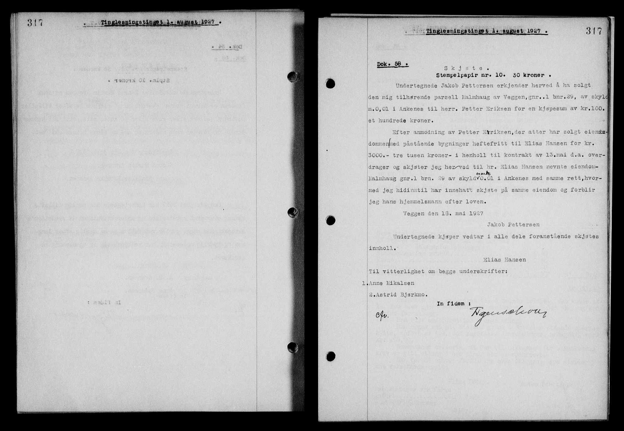 Steigen og Ofoten sorenskriveri, SAT/A-0030/1/2/2C/L0014: Mortgage book no. 13 og 15, 1926-1927, Deed date: 01.08.1927