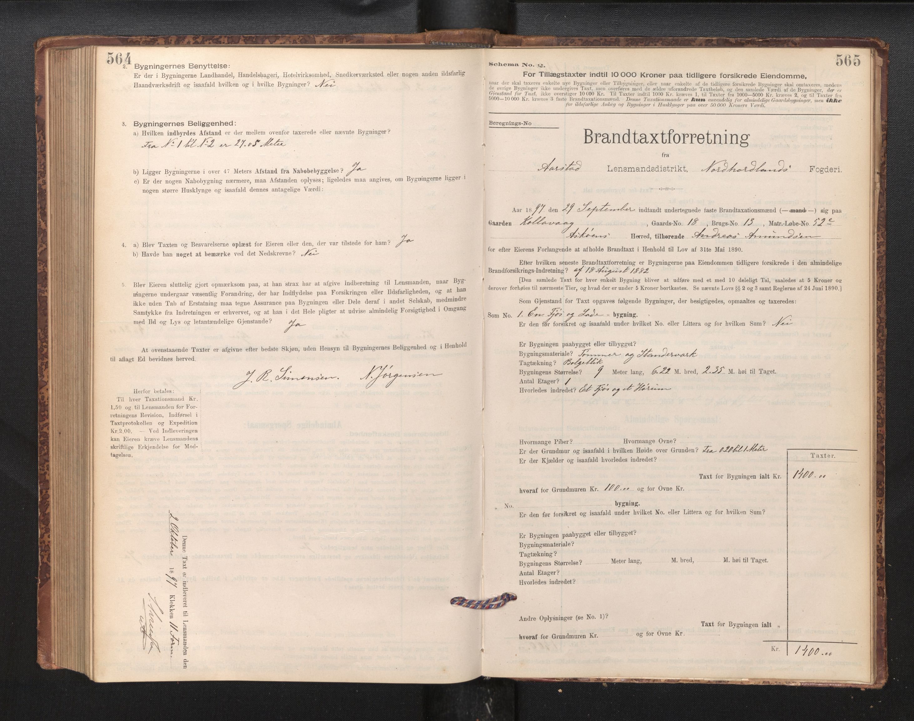 Lensmannen i Årstad, AV/SAB-A-36201/0012/L0011: Branntakstprotokoll,skjematakst, 1895-1901, p. 564-565