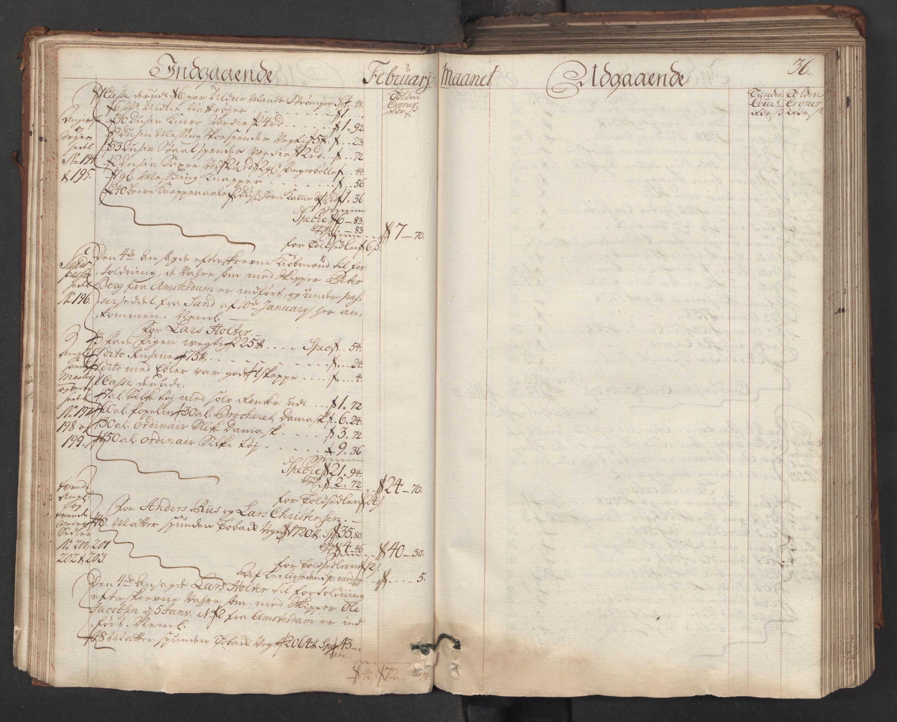 Generaltollkammeret, tollregnskaper, RA/EA-5490/R06/L0015/0001: Tollregnskaper Kristiania / Hovedtollbok, 1733, p. 35b-36a