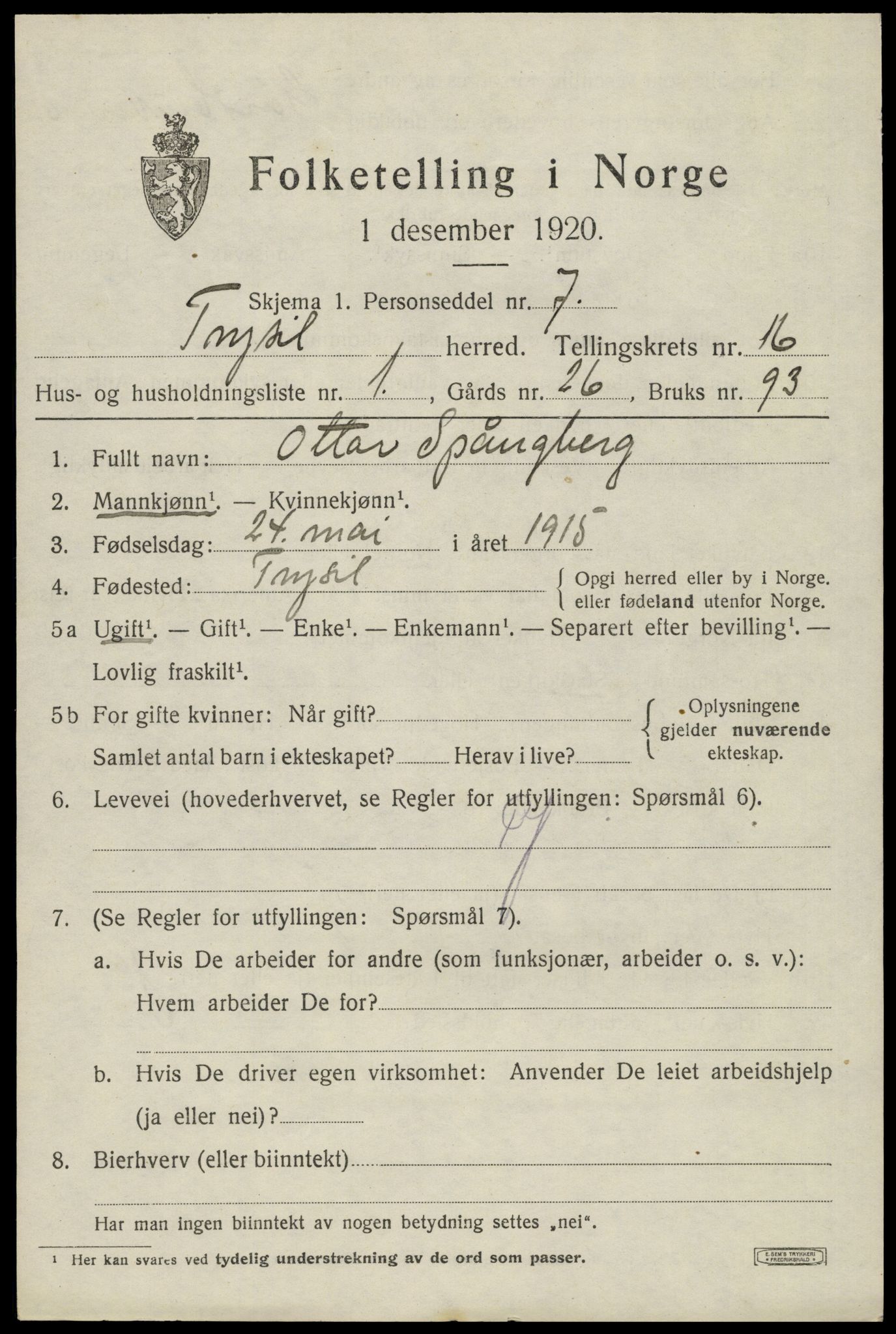SAH, 1920 census for Trysil, 1920, p. 9433