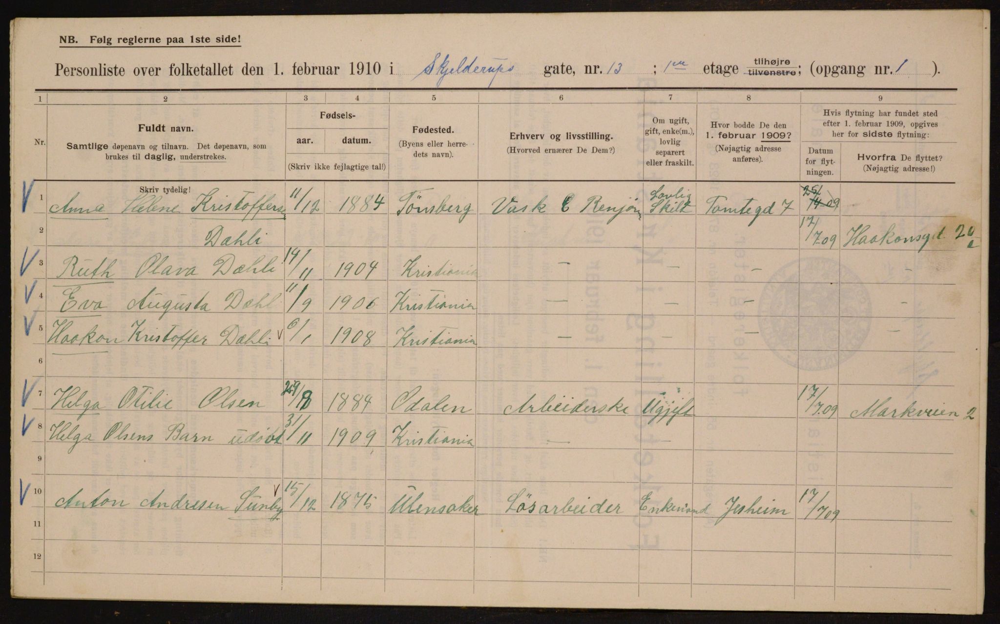 OBA, Municipal Census 1910 for Kristiania, 1910, p. 91392