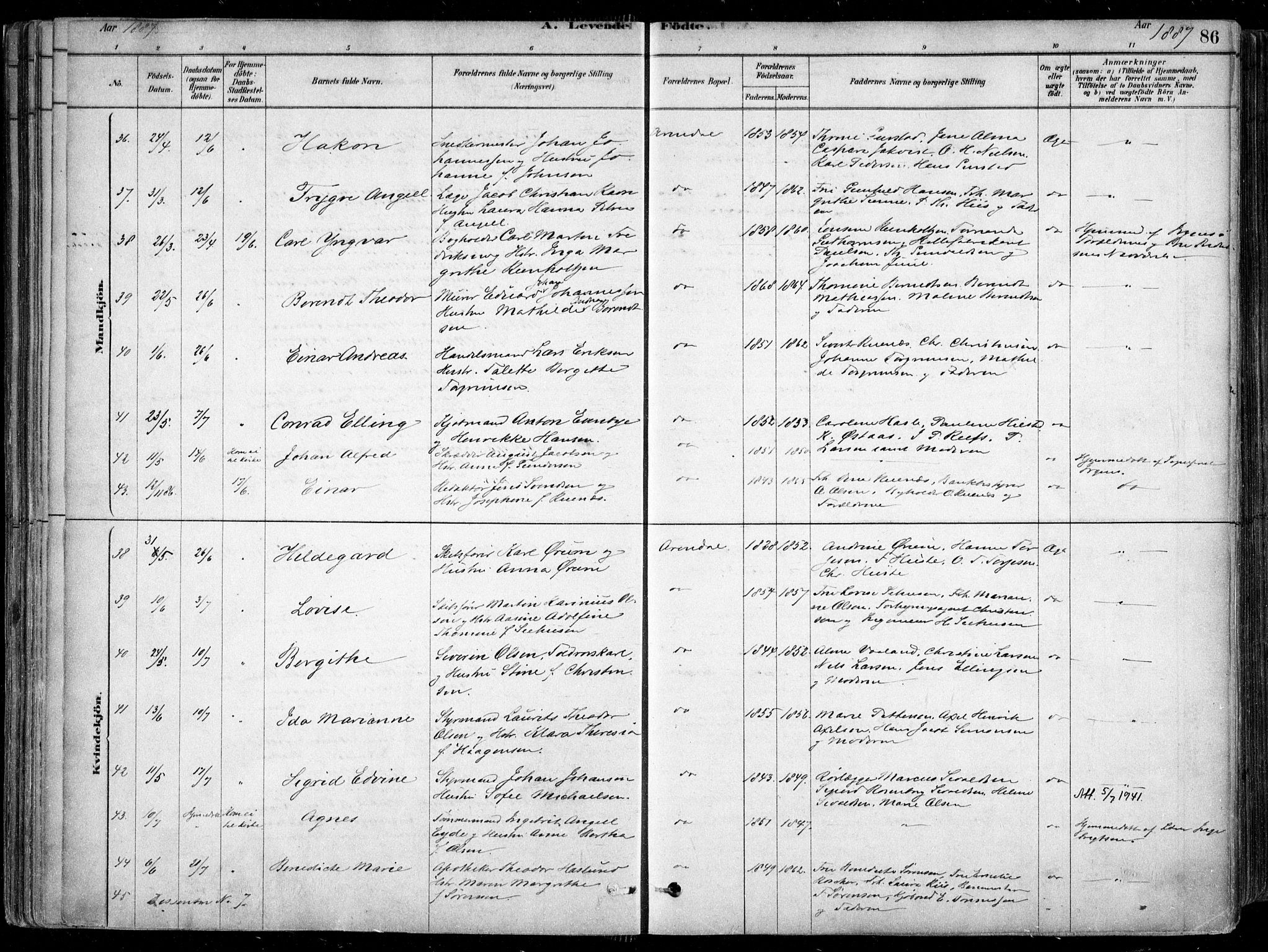 Arendal sokneprestkontor, Trefoldighet, AV/SAK-1111-0040/F/Fa/L0008: Parish register (official) no. A 8, 1878-1899, p. 86