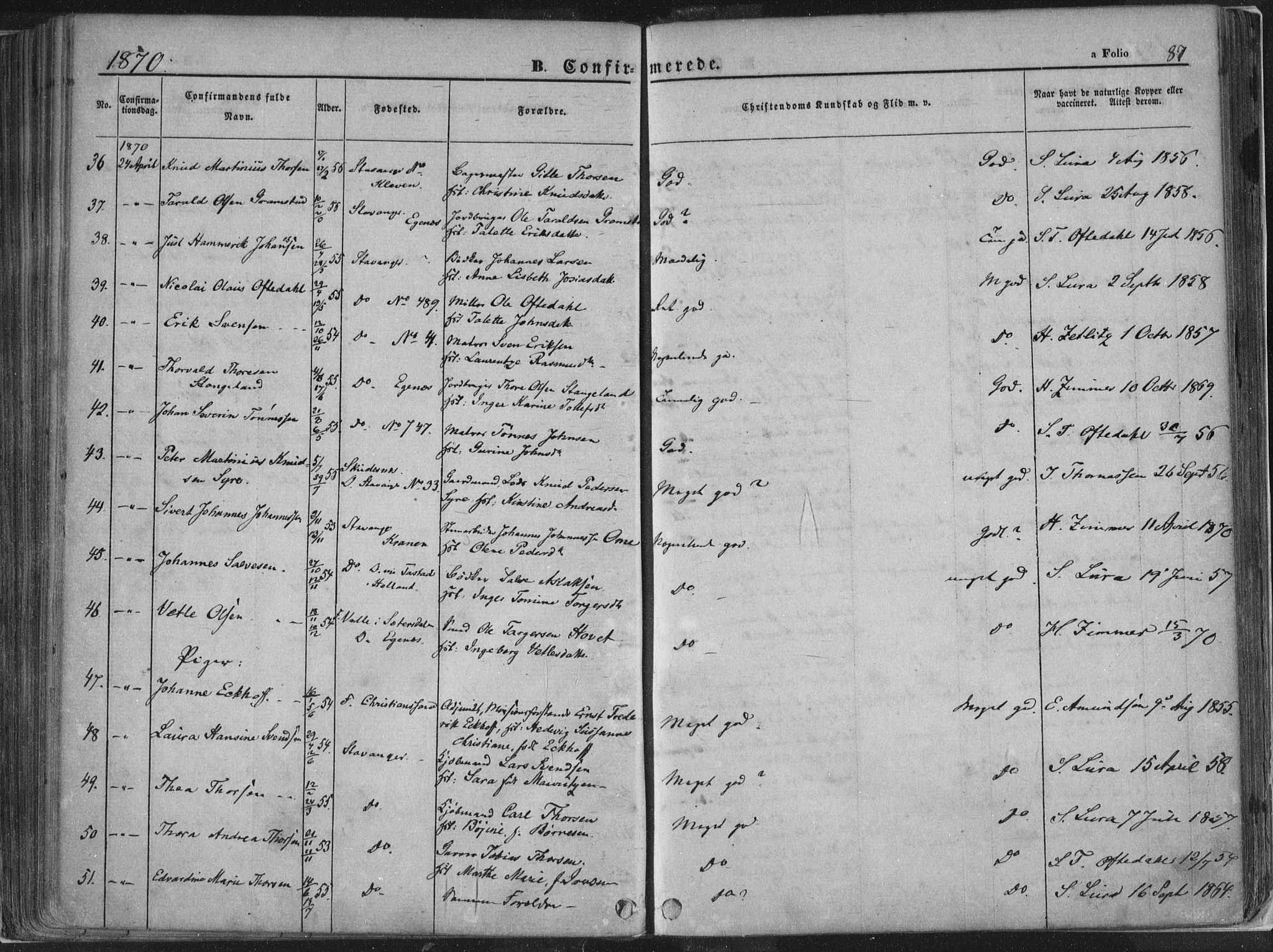 Domkirken sokneprestkontor, AV/SAST-A-101812/001/30/30BA/L0018: Parish register (official) no. A 17, 1857-1877, p. 87