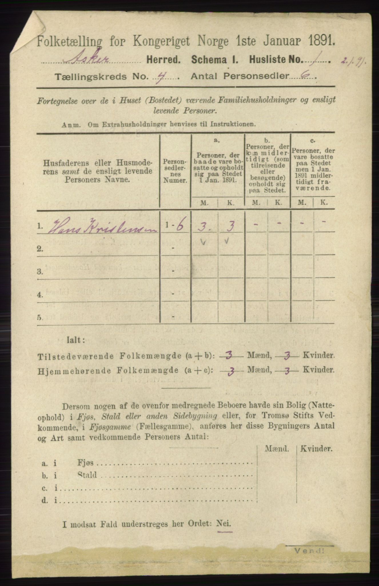 RA, 1891 census for 0220 Asker, 1891, p. 2831