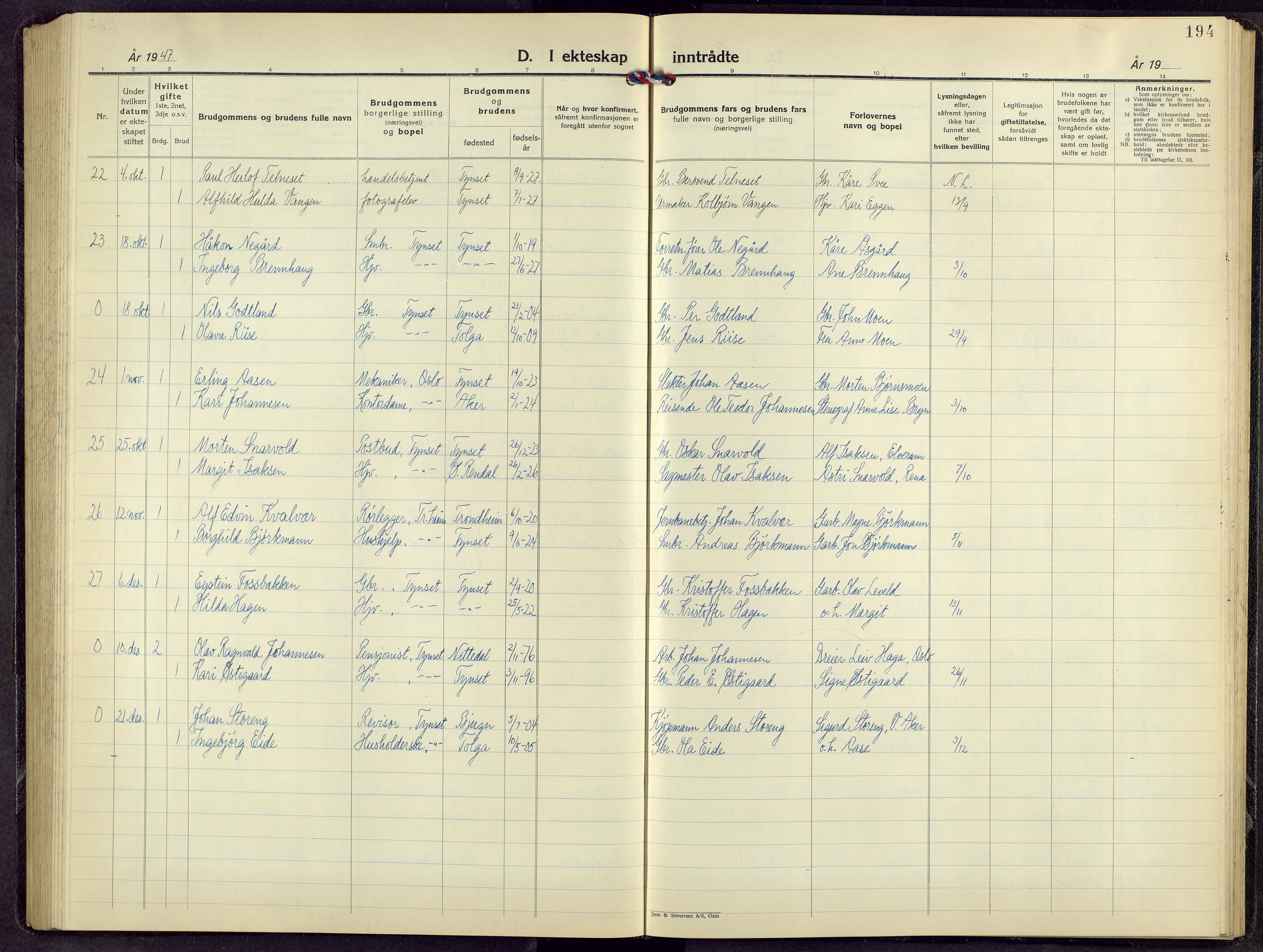 Tynset prestekontor, AV/SAH-PREST-058/H/Ha/Hab/L0014: Parish register (copy) no. 14, 1944-1960, p. 194