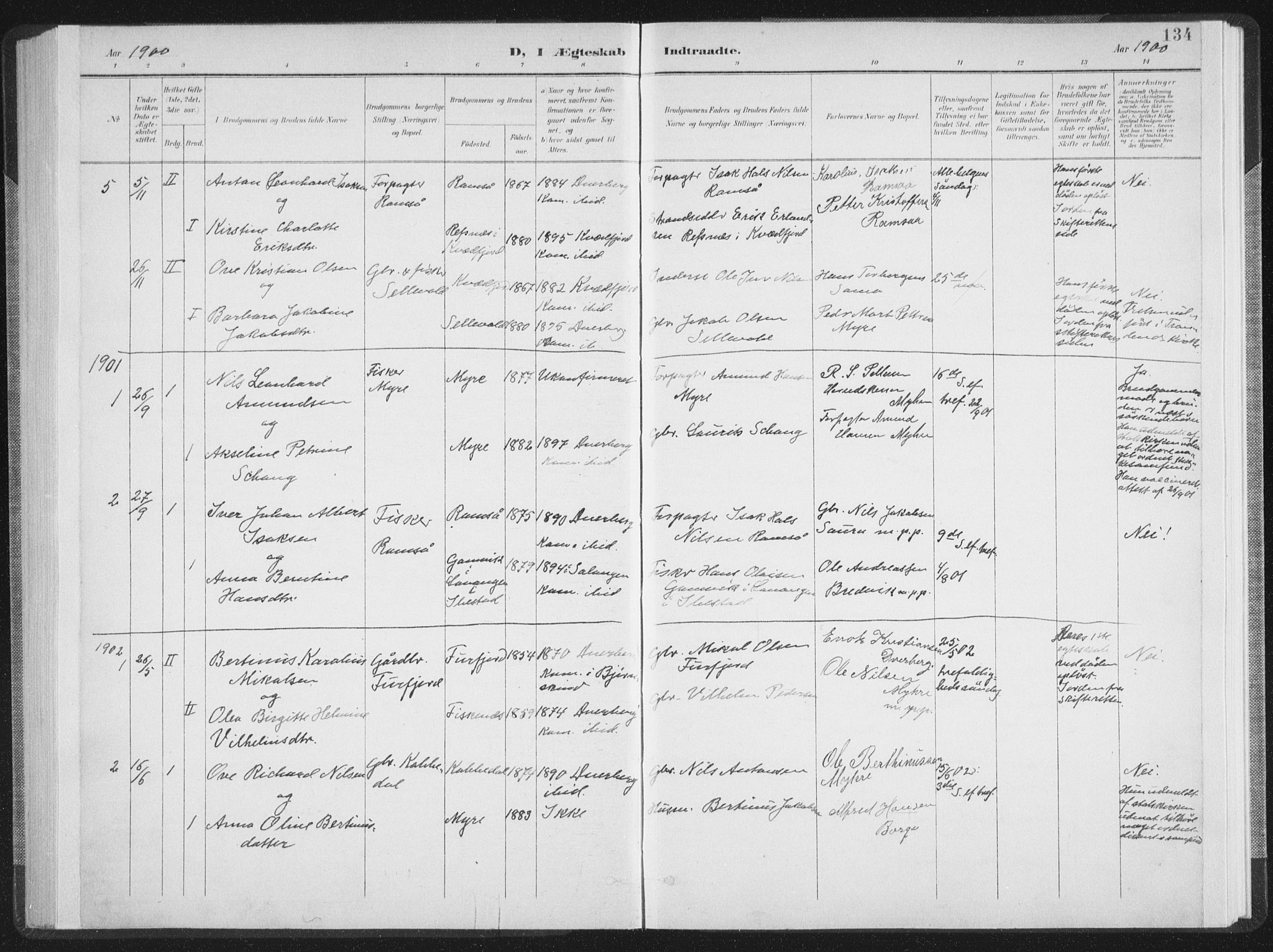 Ministerialprotokoller, klokkerbøker og fødselsregistre - Nordland, SAT/A-1459/897/L1400: Parish register (official) no. 897A07, 1897-1908, p. 134