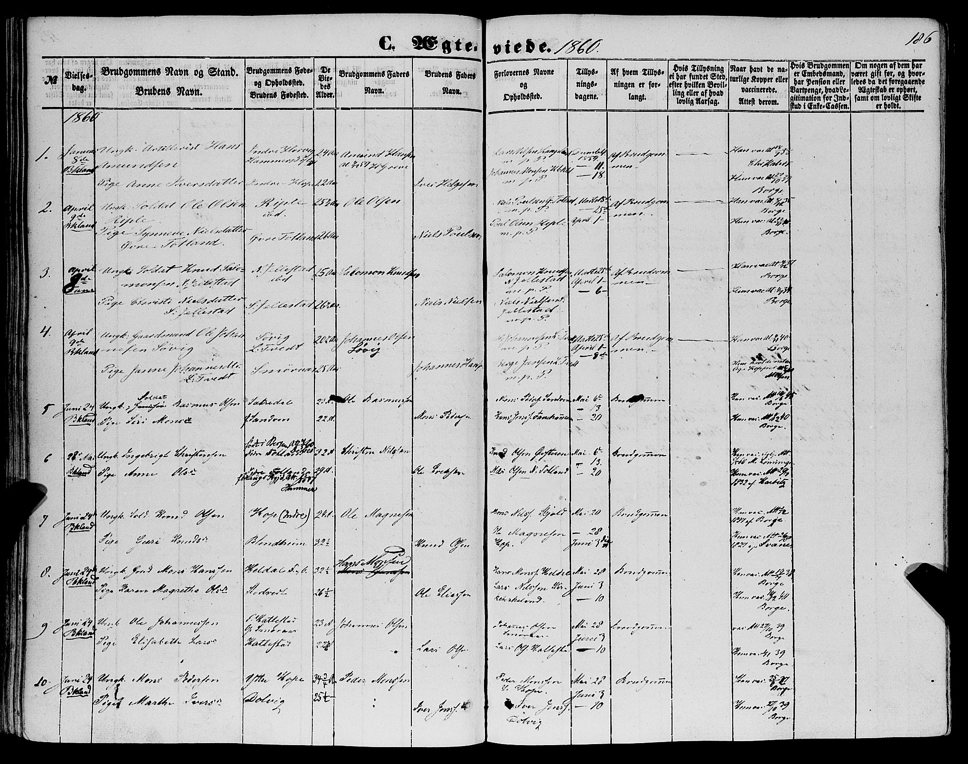 Fana Sokneprestembete, SAB/A-75101/H/Haa/Haaa/L0011: Parish register (official) no. A 11, 1851-1862, p. 186