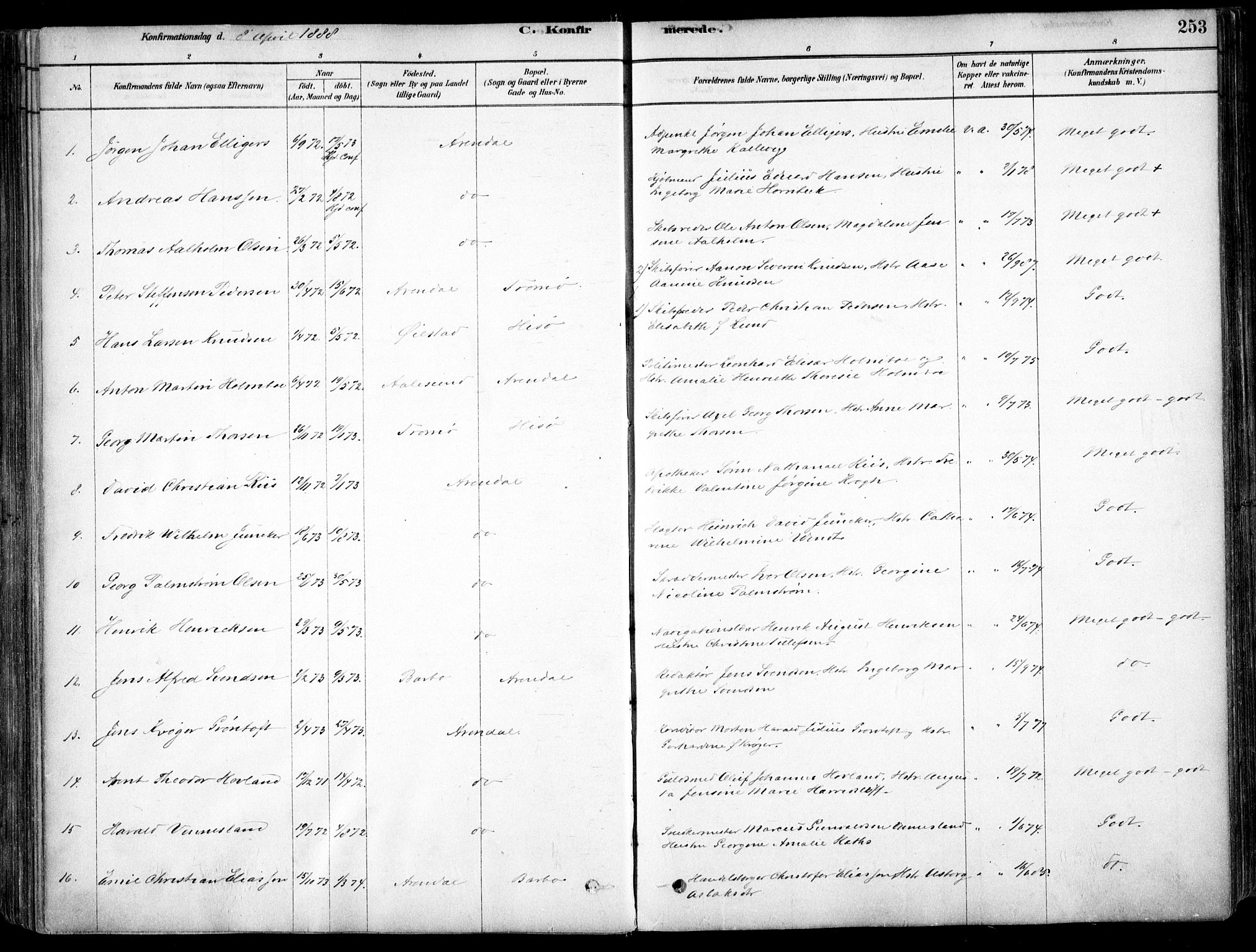 Arendal sokneprestkontor, Trefoldighet, SAK/1111-0040/F/Fa/L0008: Parish register (official) no. A 8, 1878-1899, p. 253