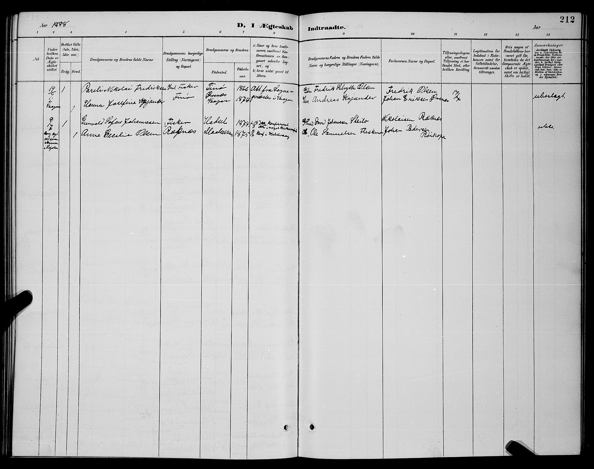 Ministerialprotokoller, klokkerbøker og fødselsregistre - Nordland, SAT/A-1459/859/L0859: Parish register (copy) no. 859C05, 1887-1898, p. 212