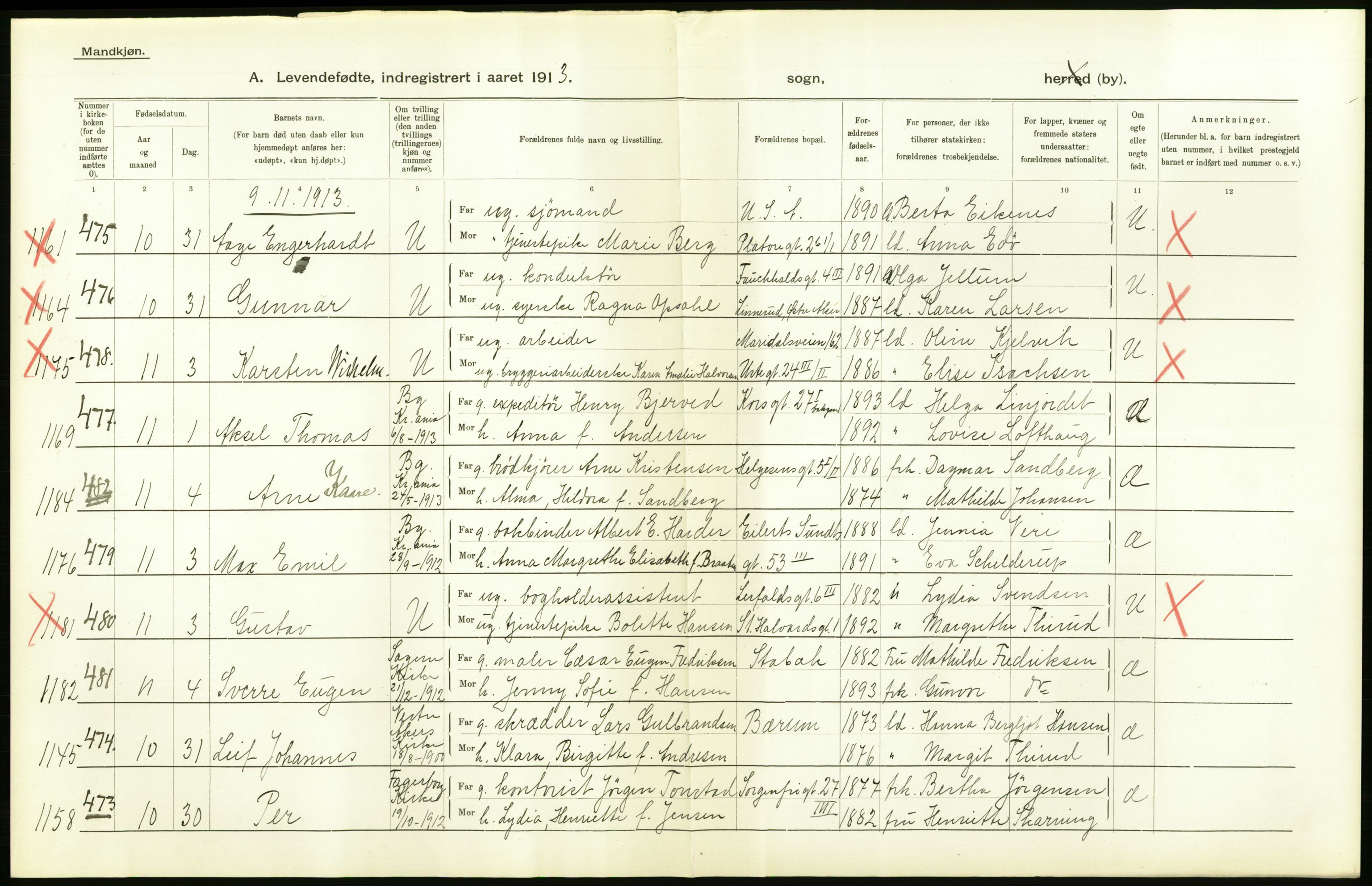 Statistisk sentralbyrå, Sosiodemografiske emner, Befolkning, AV/RA-S-2228/D/Df/Dfb/Dfbc/L0007: Kristiania: Levendefødte menn og kvinner., 1913, p. 24