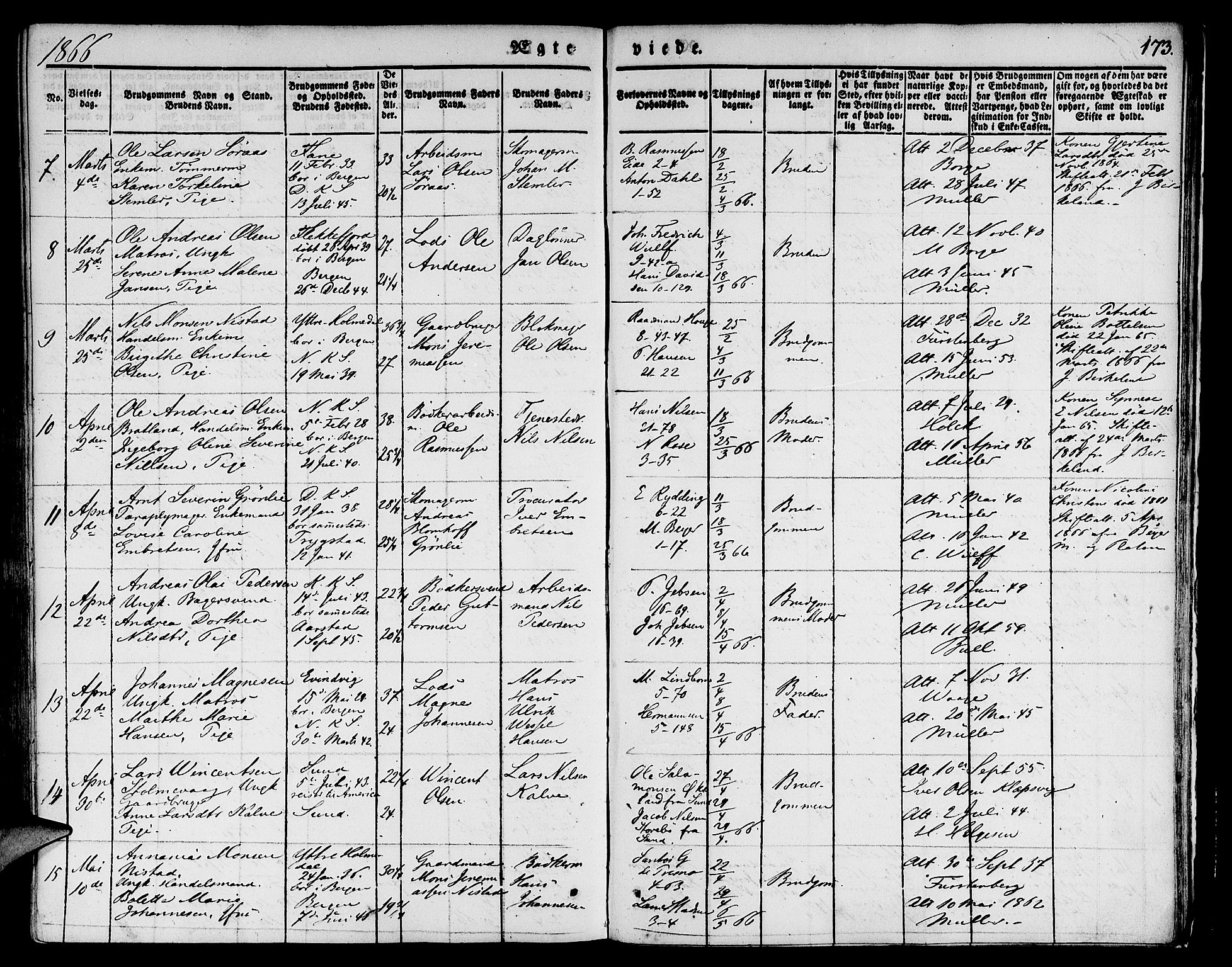 Nykirken Sokneprestembete, AV/SAB-A-77101/H/Hab: Parish register (copy) no. D 1, 1832-1867, p. 173