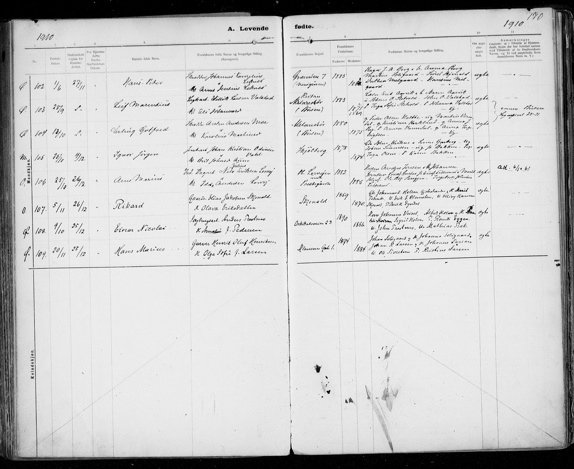 Ministerialprotokoller, klokkerbøker og fødselsregistre - Sør-Trøndelag, SAT/A-1456/668/L0811: Parish register (official) no. 668A11, 1894-1913, p. 170